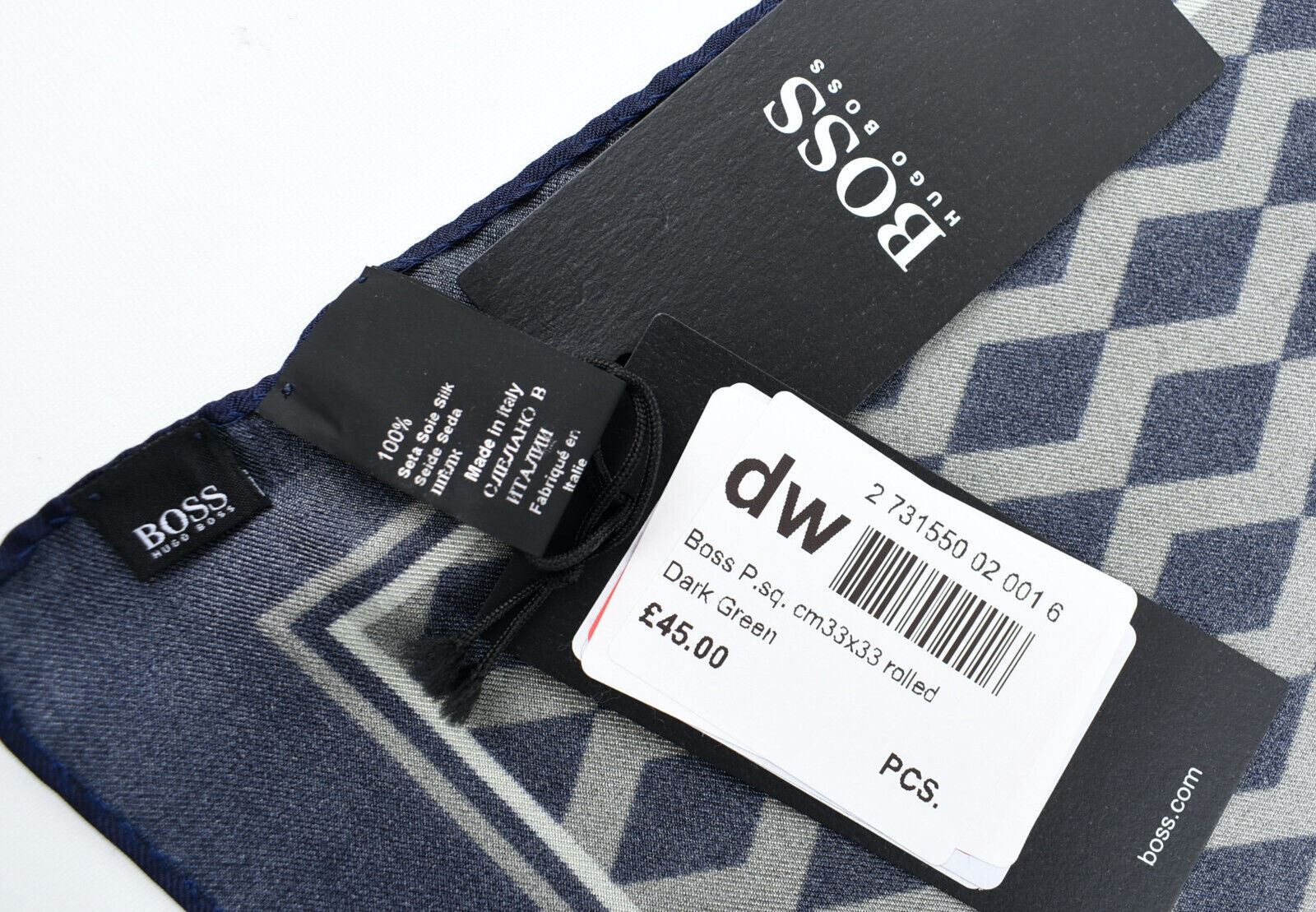 HUGO BOSS Pocket Square /Rolled Scarf 100% SILK, Navy Blue/Dark Green, 33x33cm