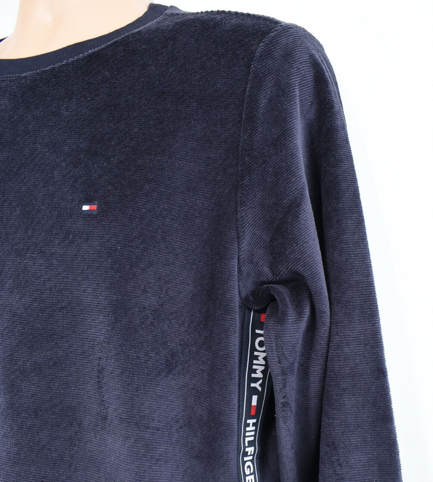 TOMMY HILFIGER Men's Velour Hoodie Sweatshirt, Side Logo Tape, Navy Blue, size S