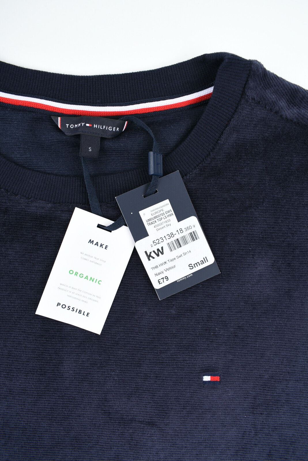 TOMMY HILFIGER Men's Velour Hoodie Sweatshirt, Side Logo Tape, Navy Blue, size S