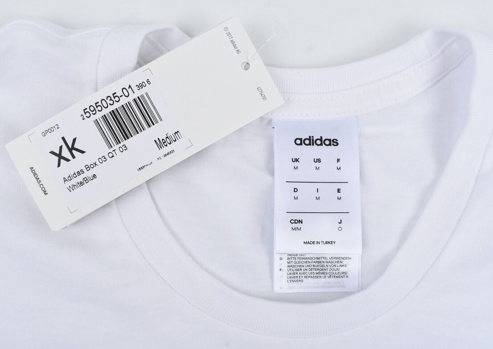 ADIDAS Men's Box Logo Crew Neck T-shirt, White/Blue, size MEDIUM