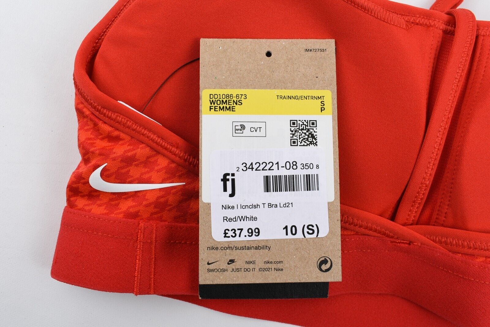 NIKE Women's ICON CLASH Women's Sports Bra, Red/Houndstooth, size S /UK 10