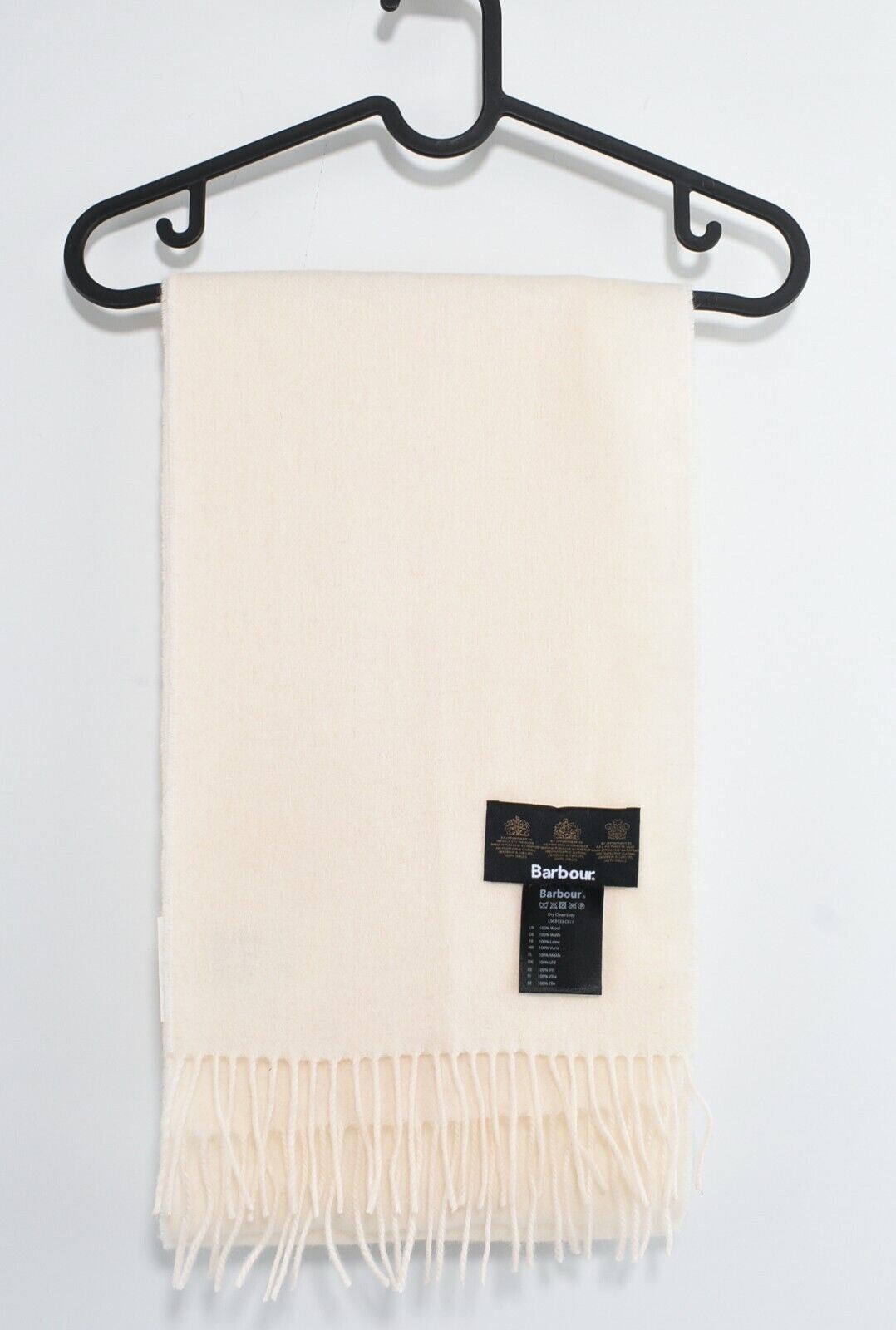 BARBOUR Women's Men's 100% Lambswool Fringed Scarf, Cream Colour, 194cm x 26cm