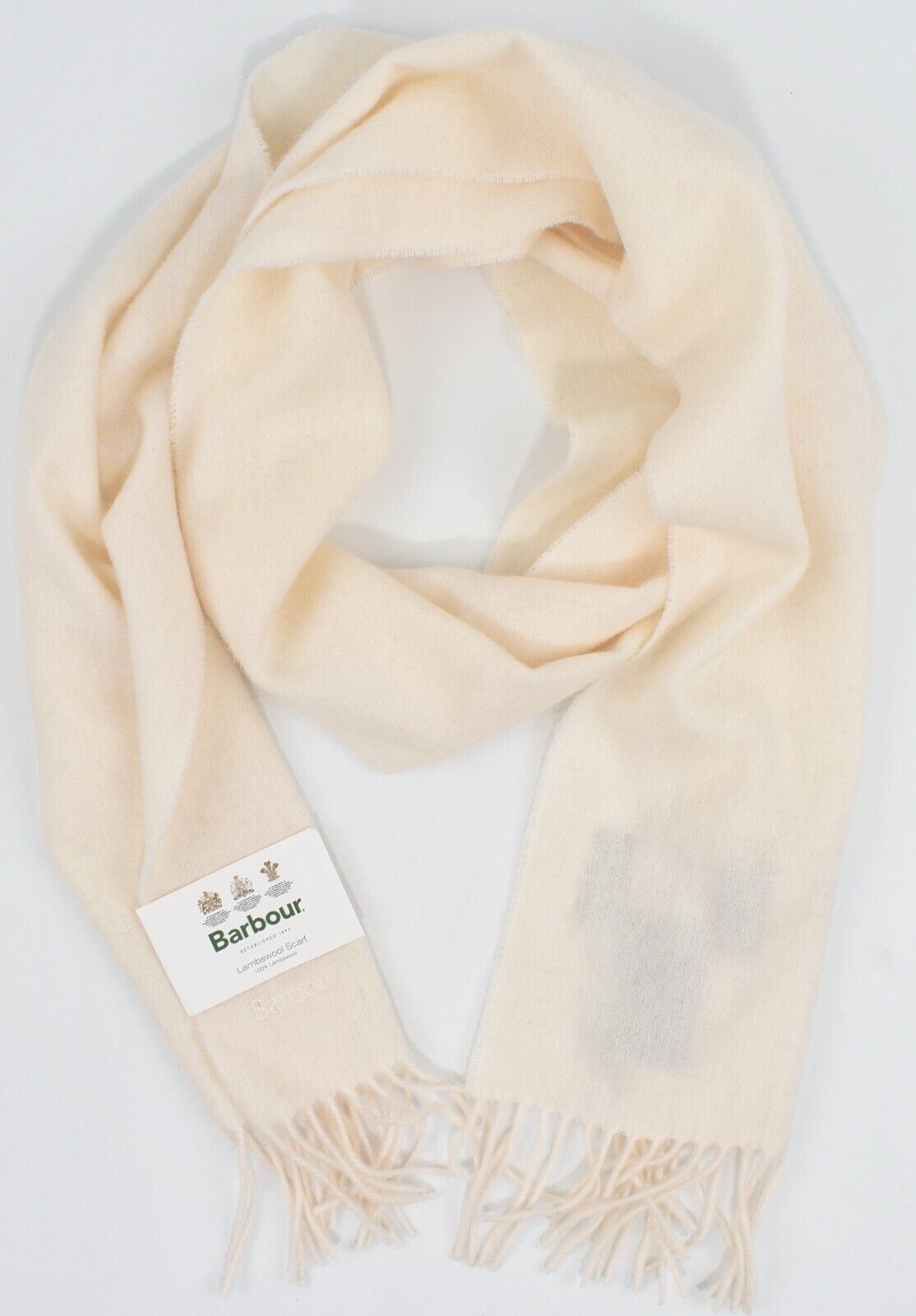BARBOUR Women's Men's 100% Lambswool Fringed Scarf, Cream Colour, 194cm x 26cm