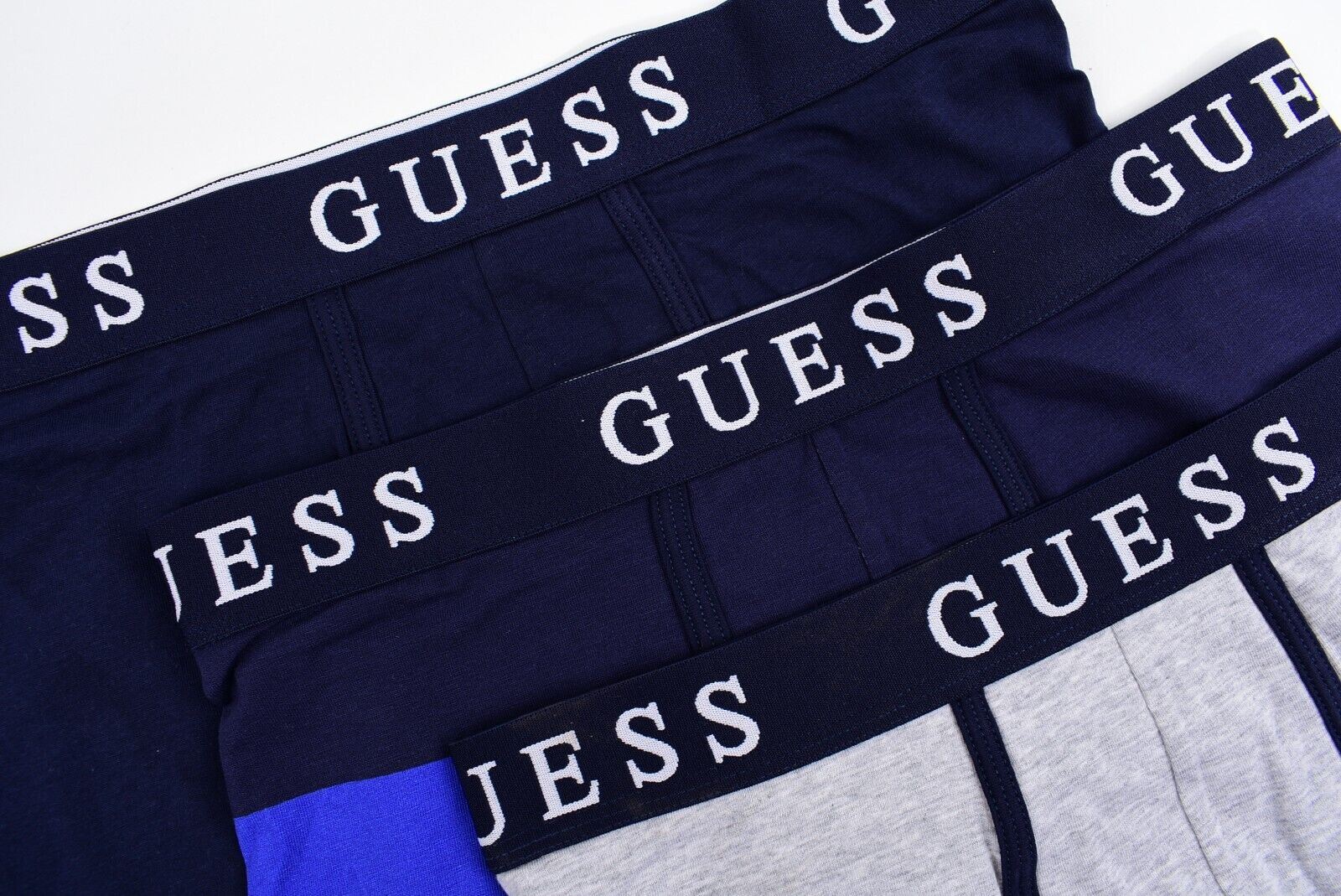GUESS Underwear: Men's 3-Pack Logo Boxer Trunks, Grey/Navy Blue/Blue, size SMALL
