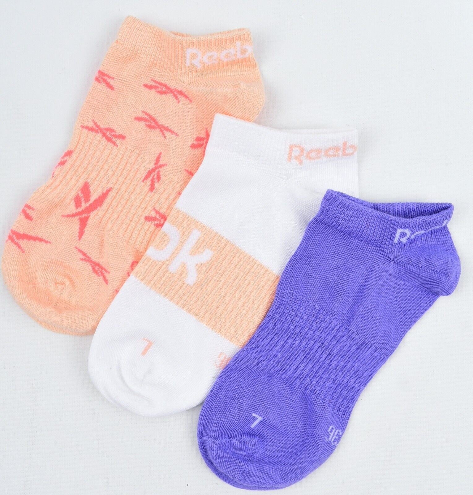 REEBOK Women's Girls' 3-pk No Show Socks, White/Orange/Purple, UK 2.5-3.5