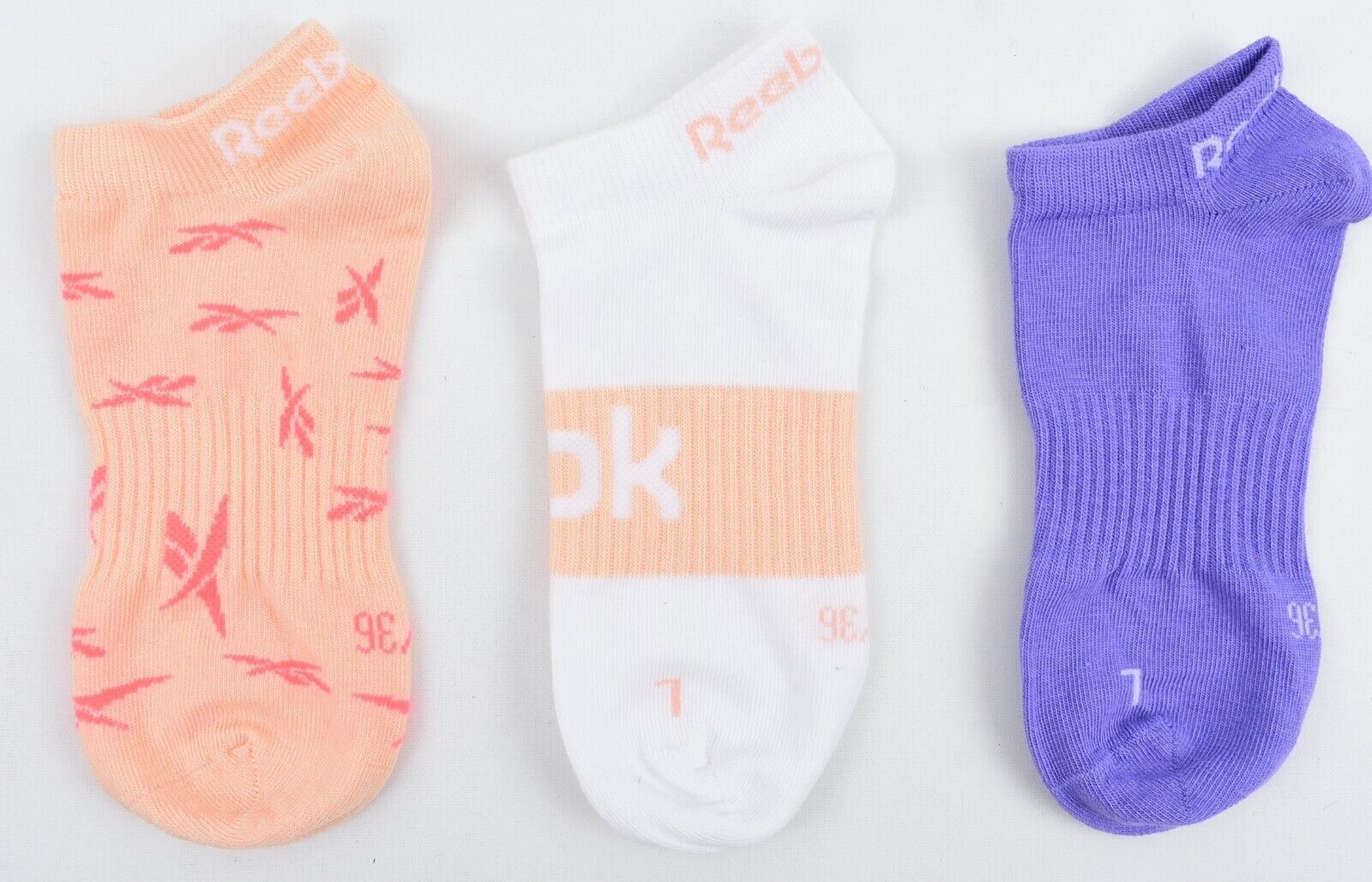 REEBOK Women's Girls' 3-pk No Show Socks, White/Orange/Purple, UK 2.5-3.5