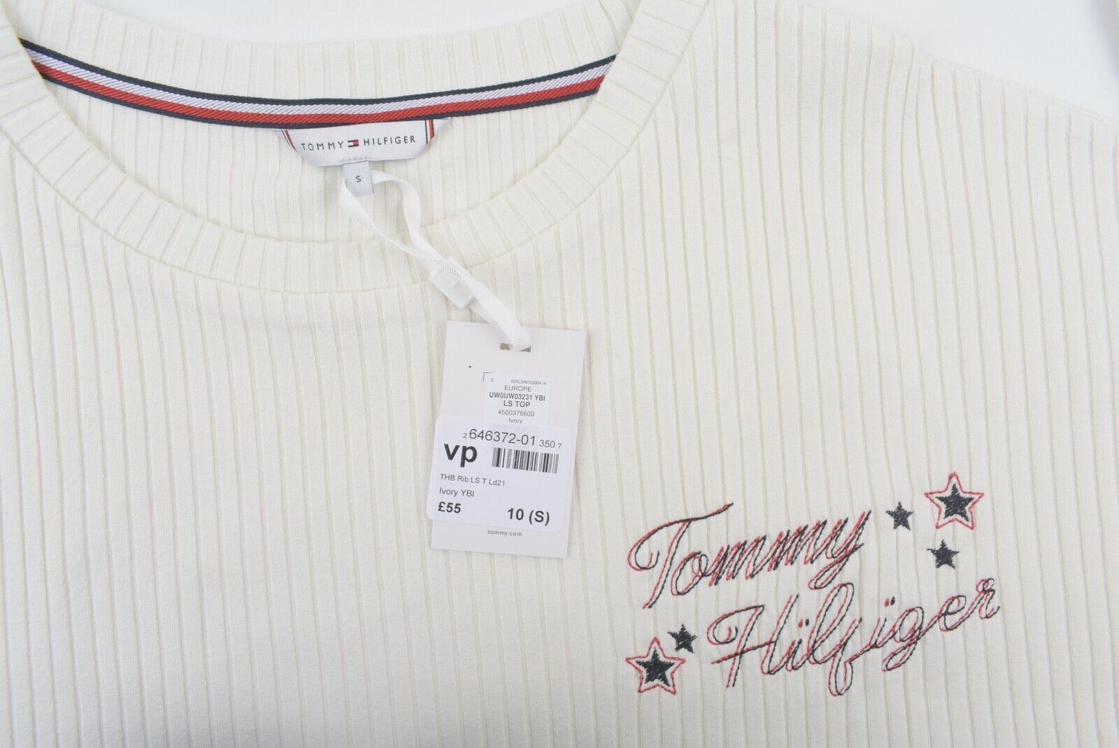 TOMMY HILFIGER Women's Girls' Long Sleeve Ribbed Cropped Top, Ivory, size S