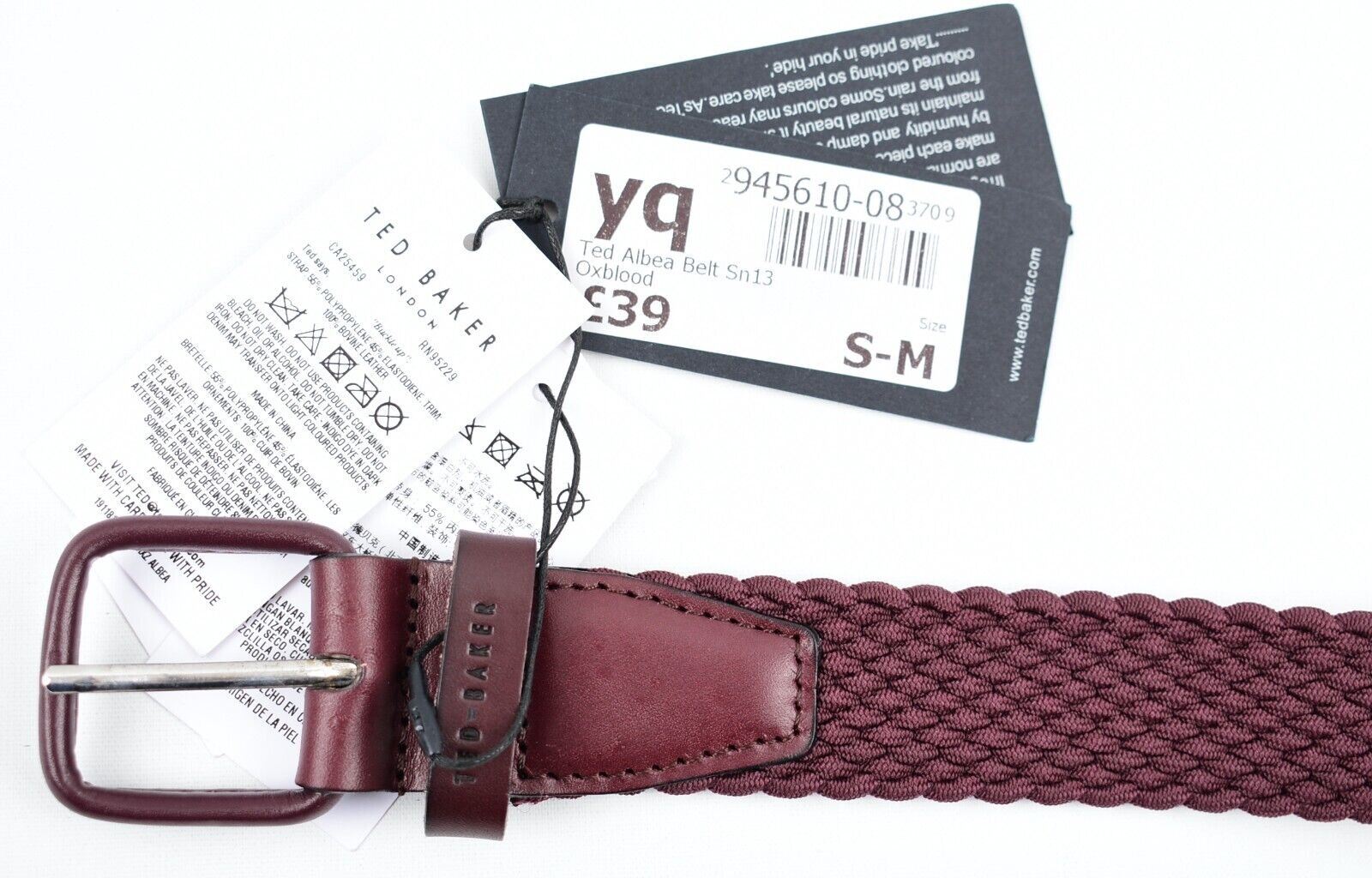 TED BAKER Mens ALBEA Woven Elastic Belt, Oxblood, size S-M