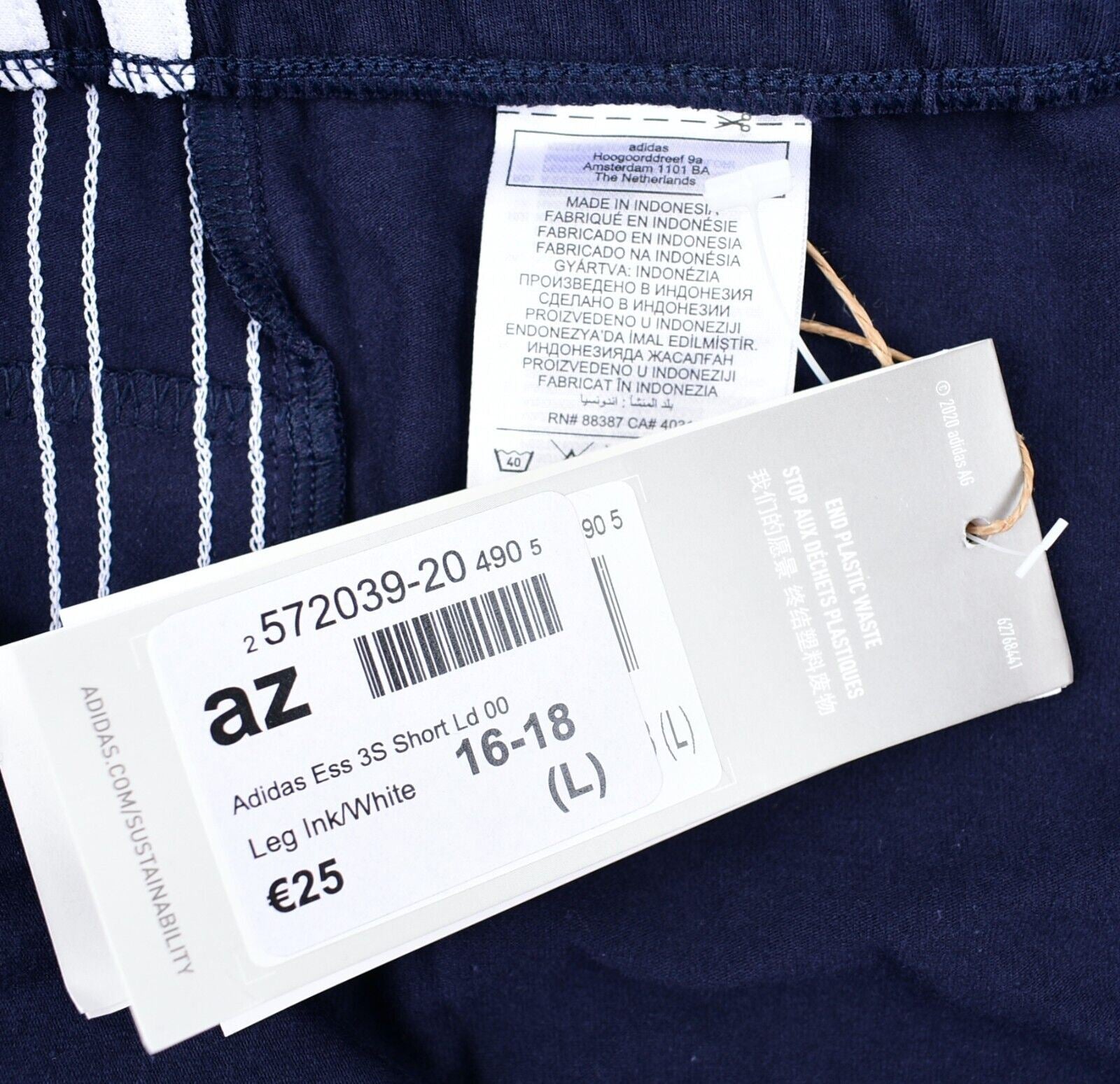 ADIDAS Womens Essential 3-Stripe Slim Shorts, Legend Ink/White, size L /UK 16-18