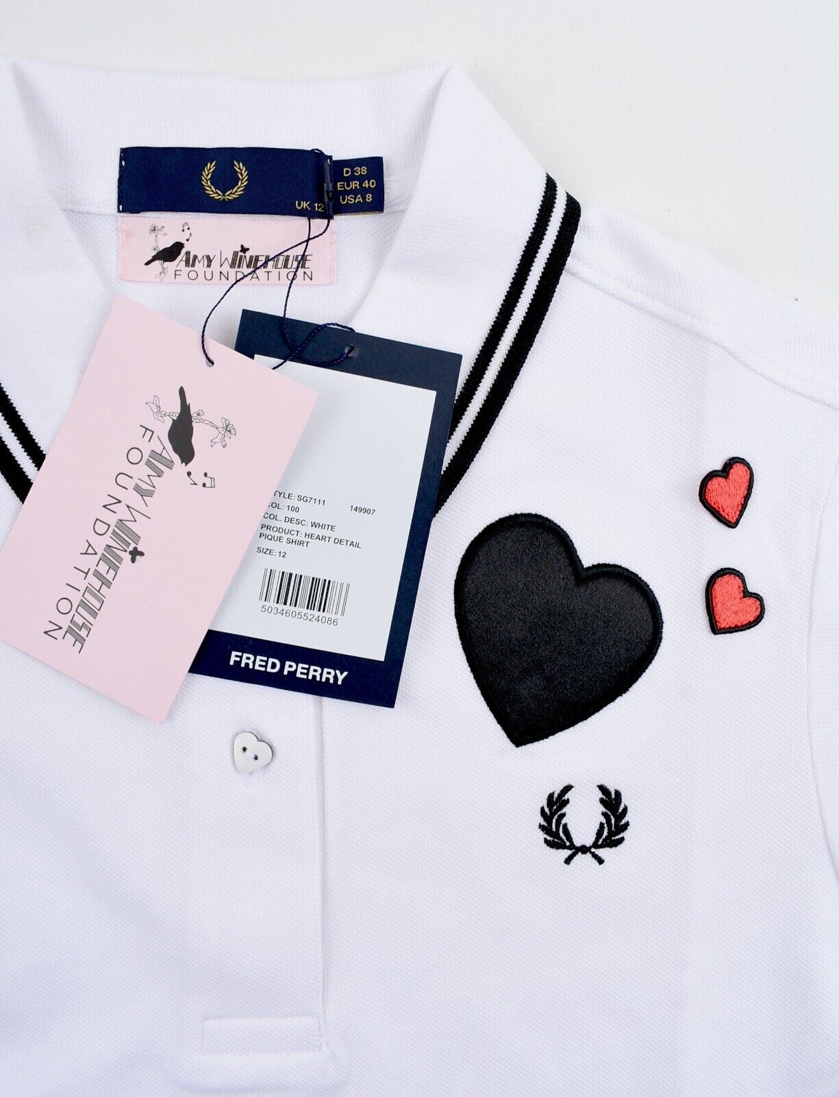 FRED PERRY x AMY WINEHOUSE FOUNDATION Womens Heart Polo Shirt , White size UK 12