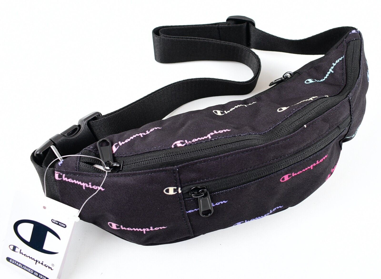 CHAMPION Mens Womens Canvas Bum Bag, Waist Pack, Black/Multicoloured Logo