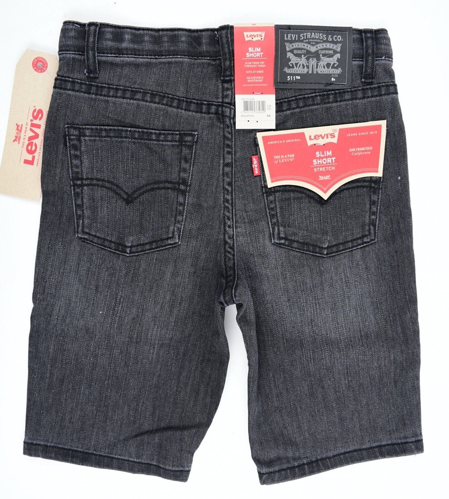 LEVIS Boys Kids Slim Shorts, Performance Denim, Washed Black, size 8 years