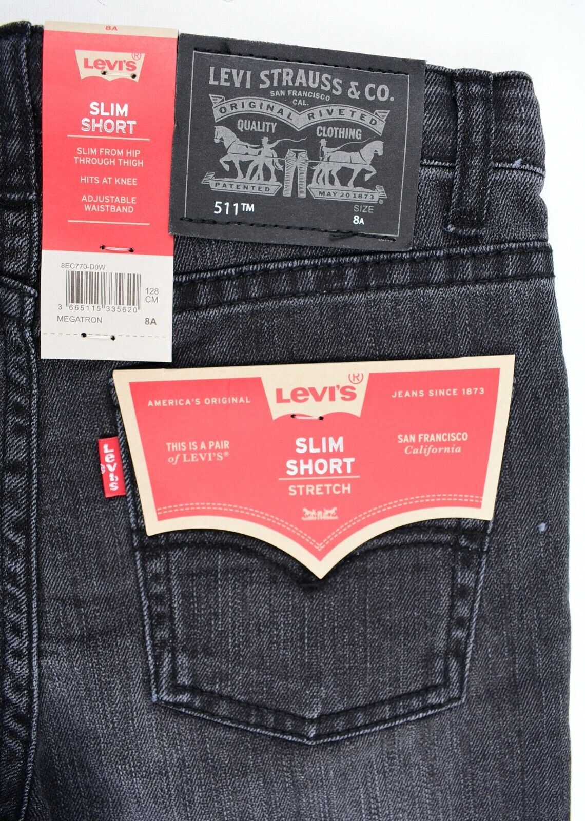 LEVIS Boys Kids Slim Shorts, Performance Denim, Washed Black, size 8 years