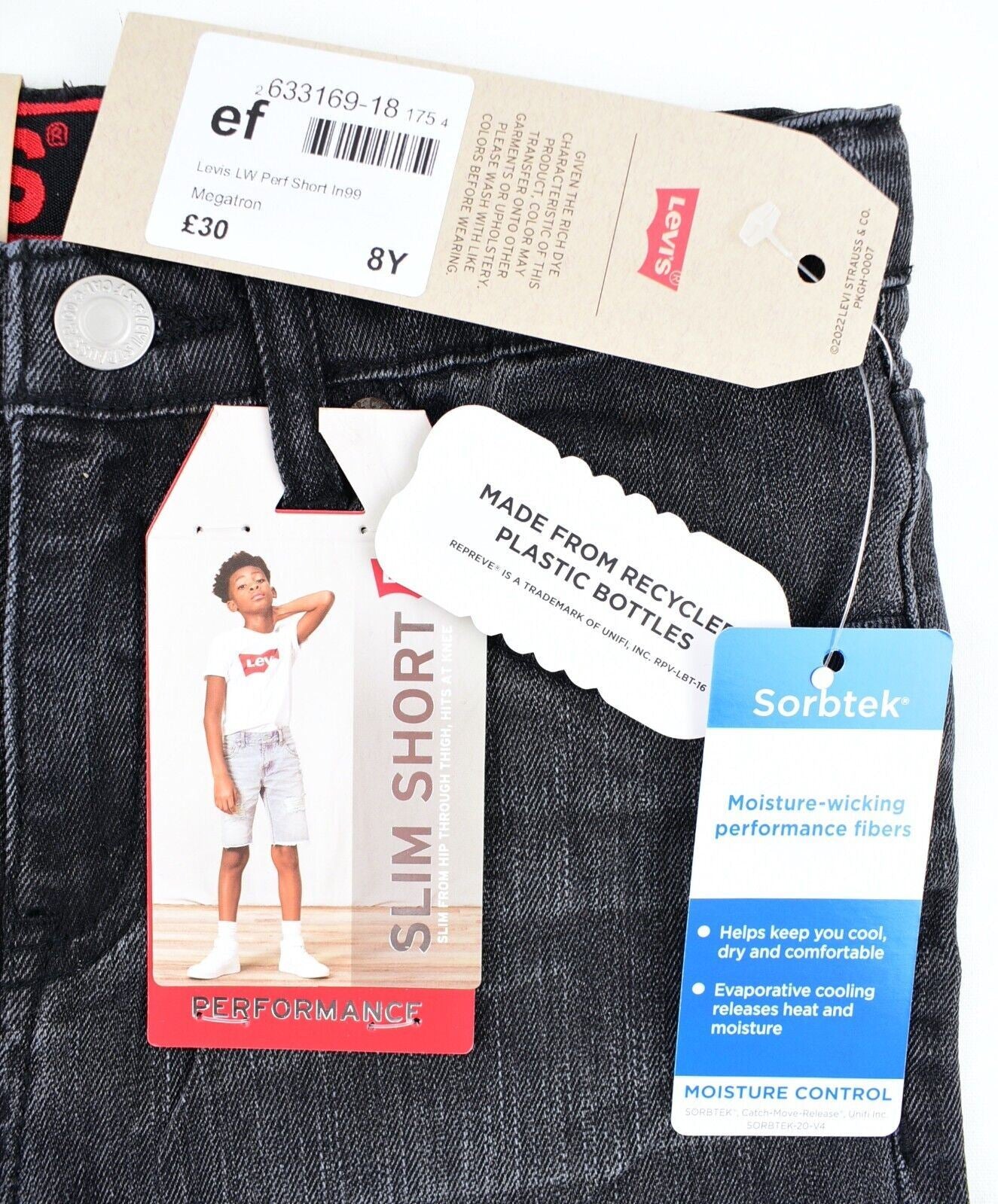 LEVIS Boys Kids Slim Shorts, Performance Denim, Washed Black, size 8 years