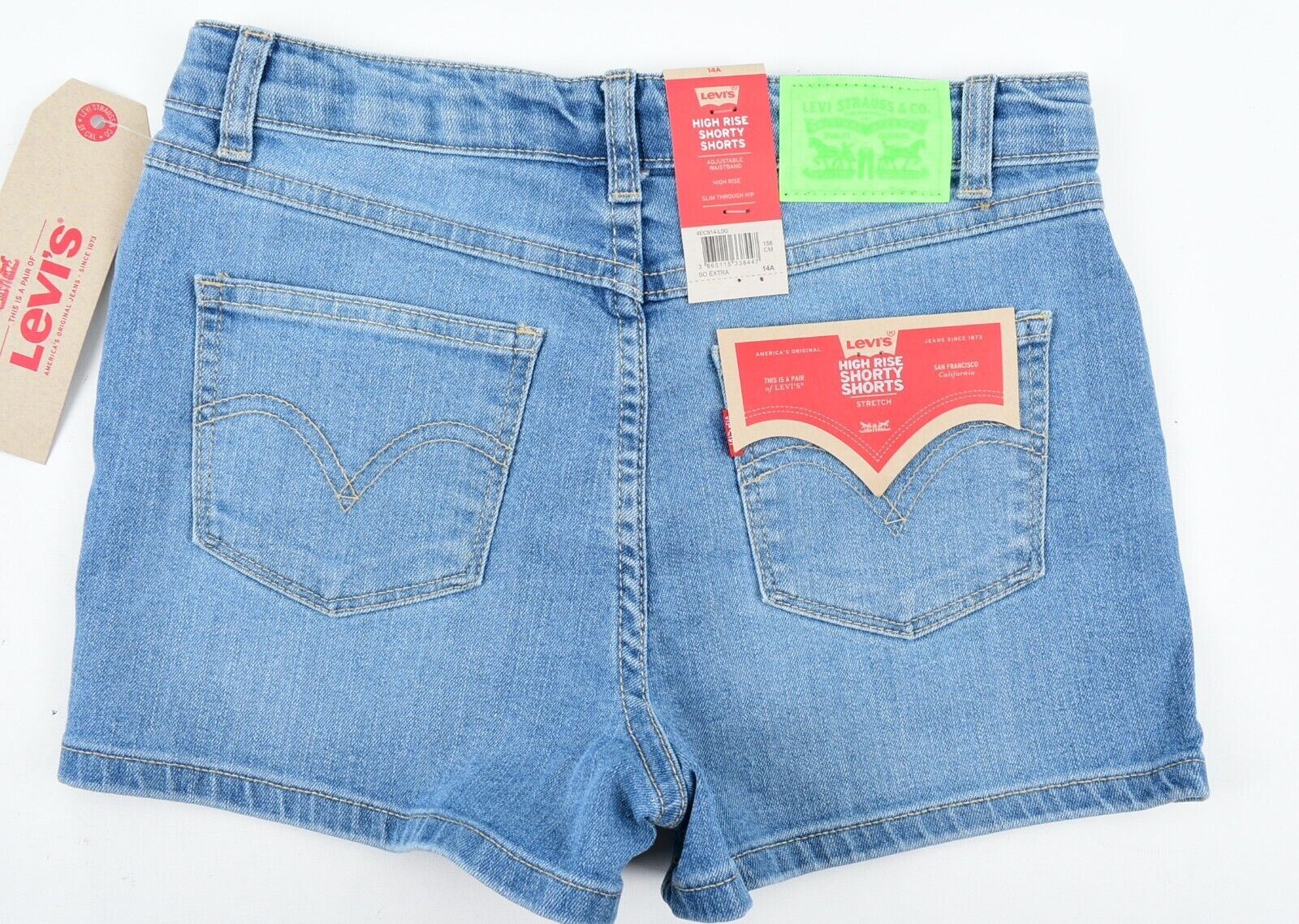 LEVIS Girls Kids High Rise SHORTY Shorts, Stretch Denim, Blue, size 14 years