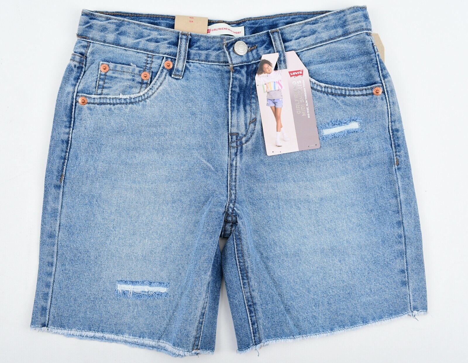 LEVIS Girls Kids Girlfriend Midi Denim Shorts, Mid Rise, Blue, size 12 years