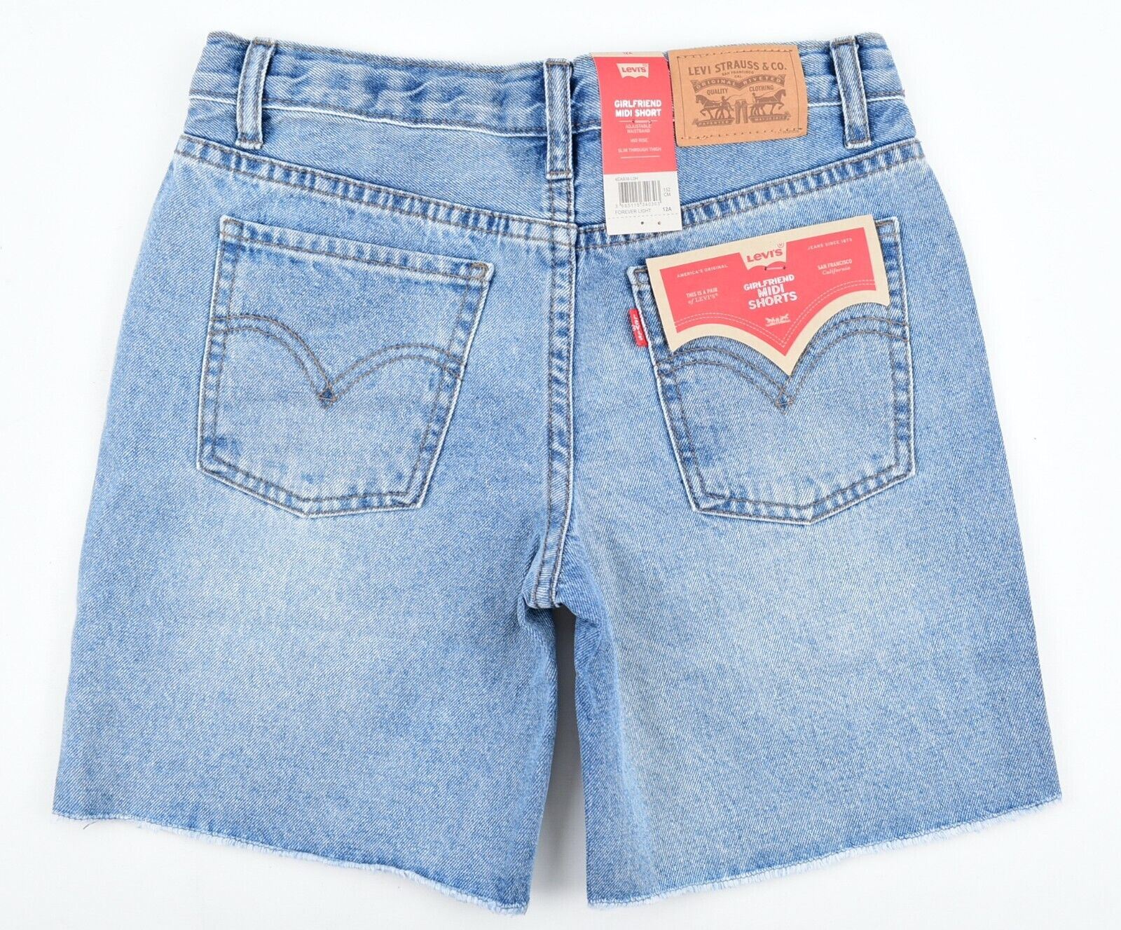 LEVIS Girls Kids Girlfriend Midi Denim Shorts, Mid Rise, Blue, size 12 years