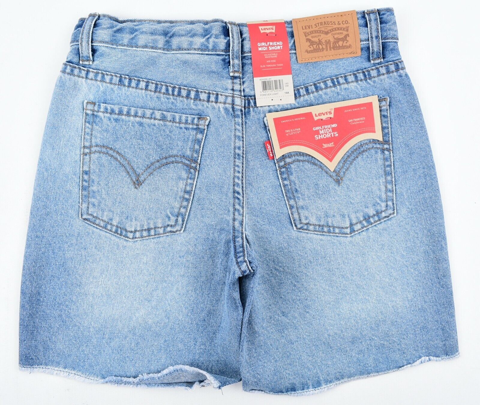LEVIS Girls Kids Girlfriend Midi Denim Shorts, Mid Rise, Blue, size 10 years