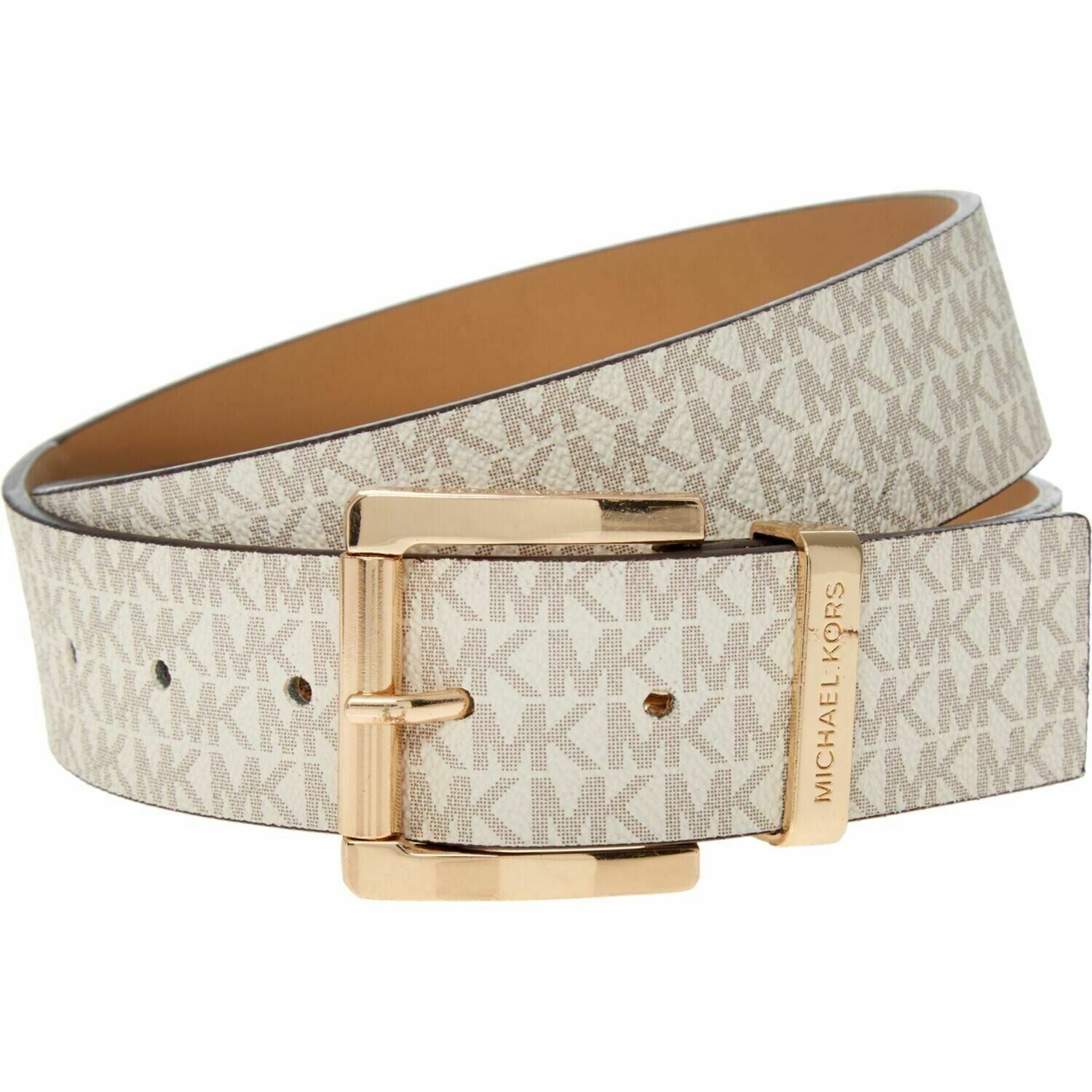 MICHAEL KORS Womens Faux Leather Monogram Belt, Vanilla, 1.5" wide, size M