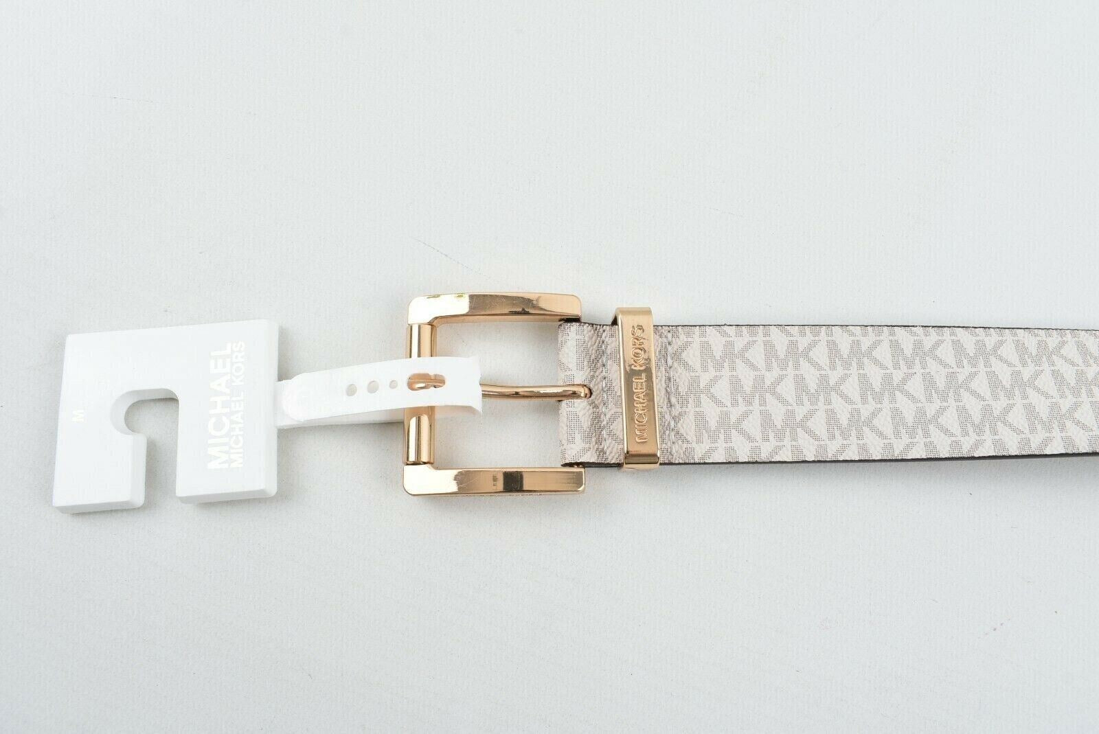 MICHAEL KORS Womens Faux Leather Monogram Belt, Vanilla, 1.5" wide, size M
