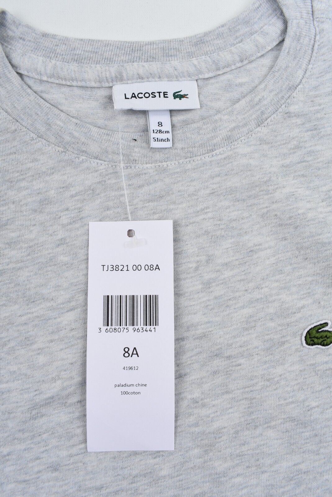 LACOSTE Boys Kids Classic Crew Neck T-shirt, Grey Heather size 8 years / 128cm