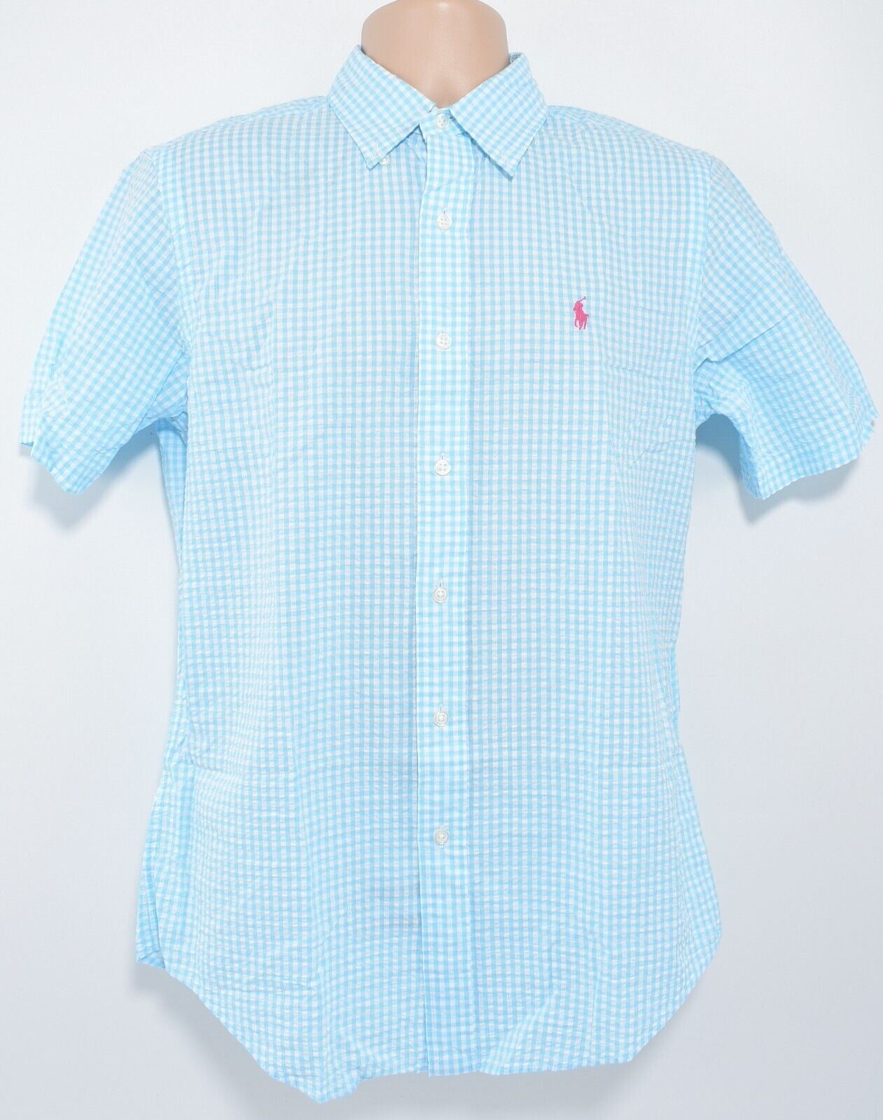 POLO RALPH LAUREN Mens Seersucker Short Sleeve Shirt, Turquoise/Checked, size S