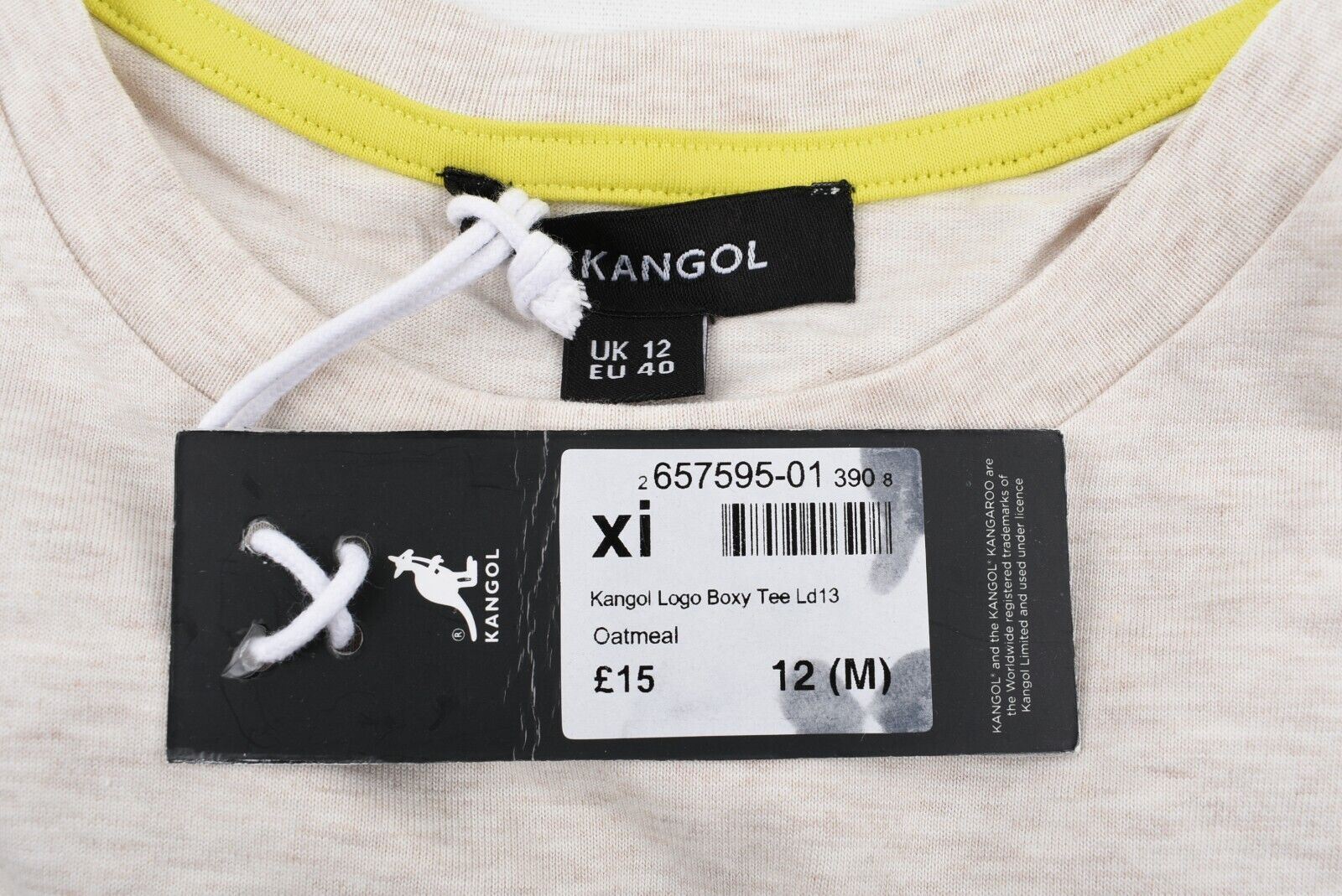 KANGOL Womens Cropped Boxy T-shirt Top, Oatmeal/Green Logo, size M /UK 12