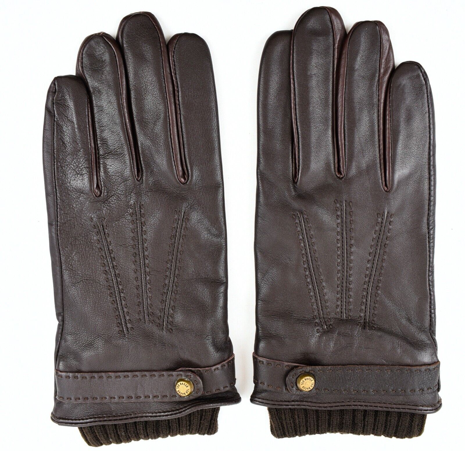 TED BAKER Mens Core Leather Stab Stitch SMART Gloves, Chocolate Brown, size M-L