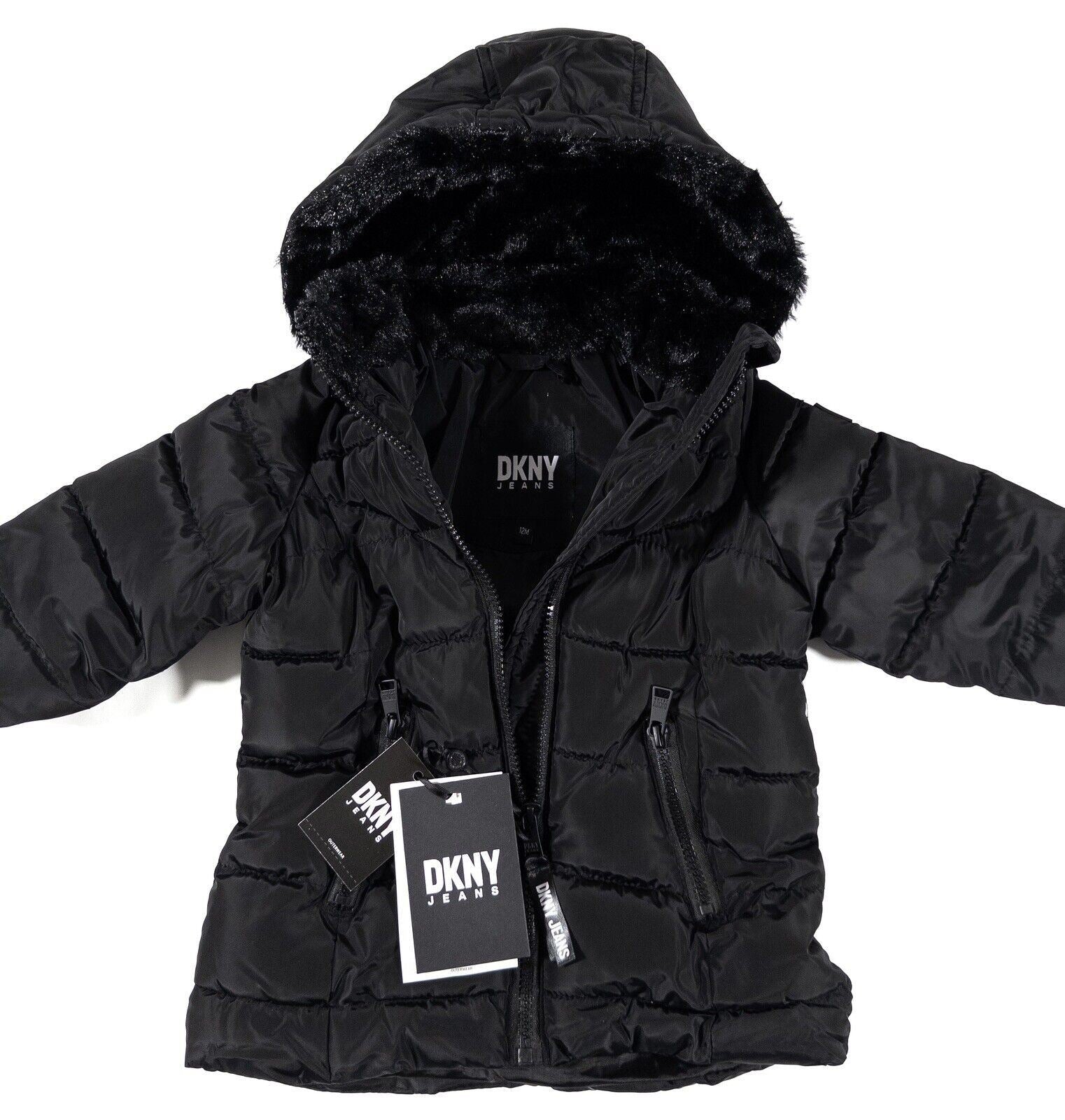 DKNY JEANS Baby Girl Hooded Black Coat Size UK 12 Months