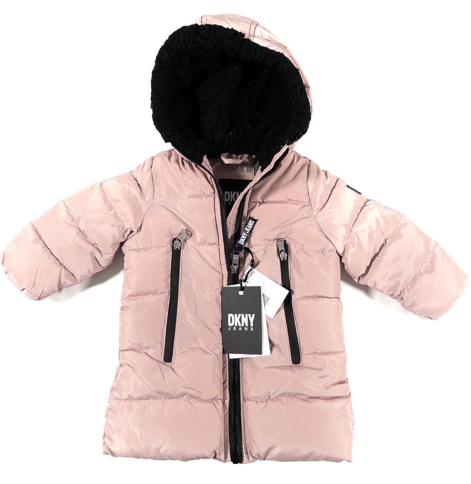 DKNY JEANS Baby Girls Pink Hooded Mid Length Coat Size UK 12 Months