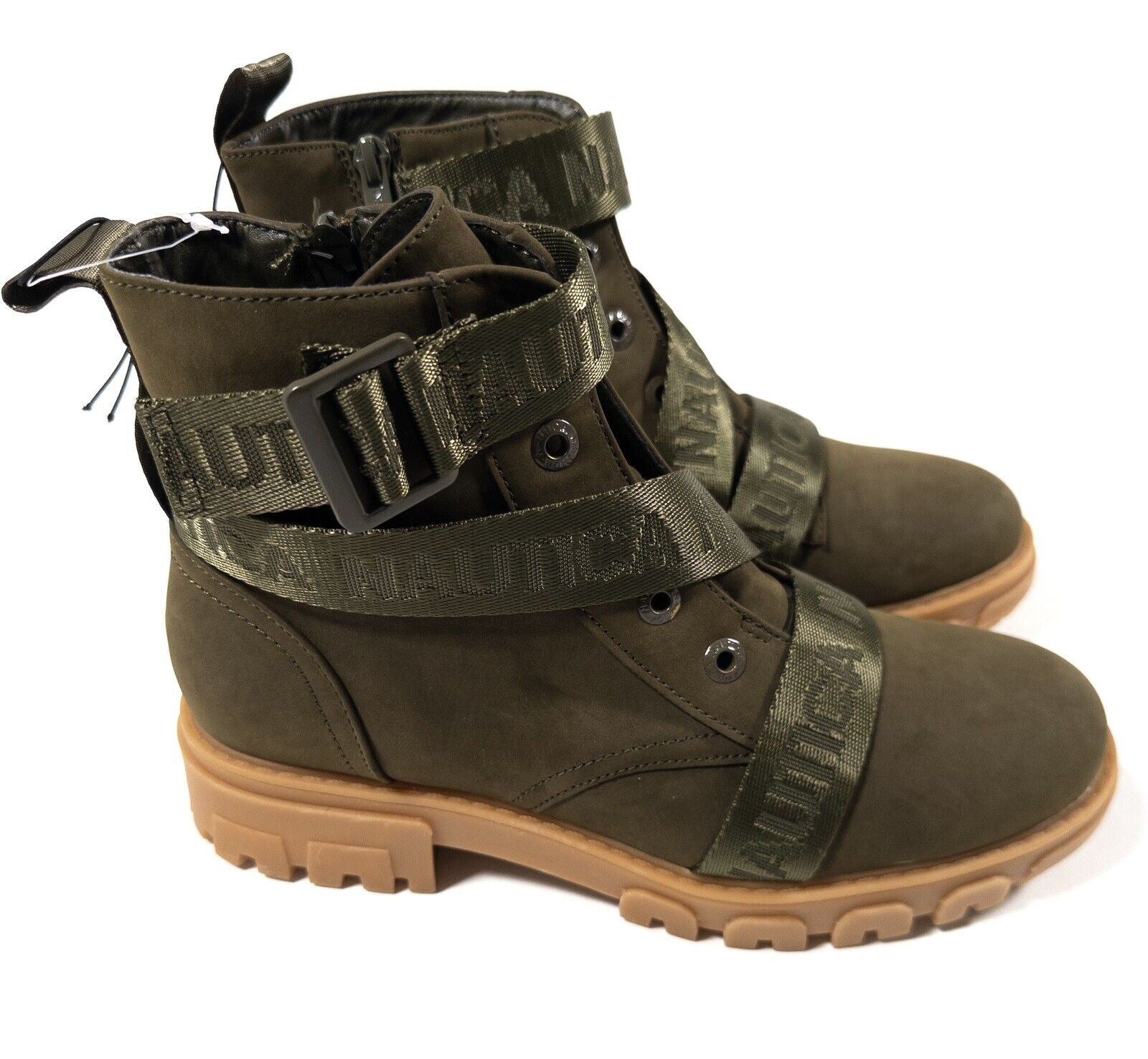 NAUTICA Womens Olive Green Crossover Strap Chunky Boots Size UK 7