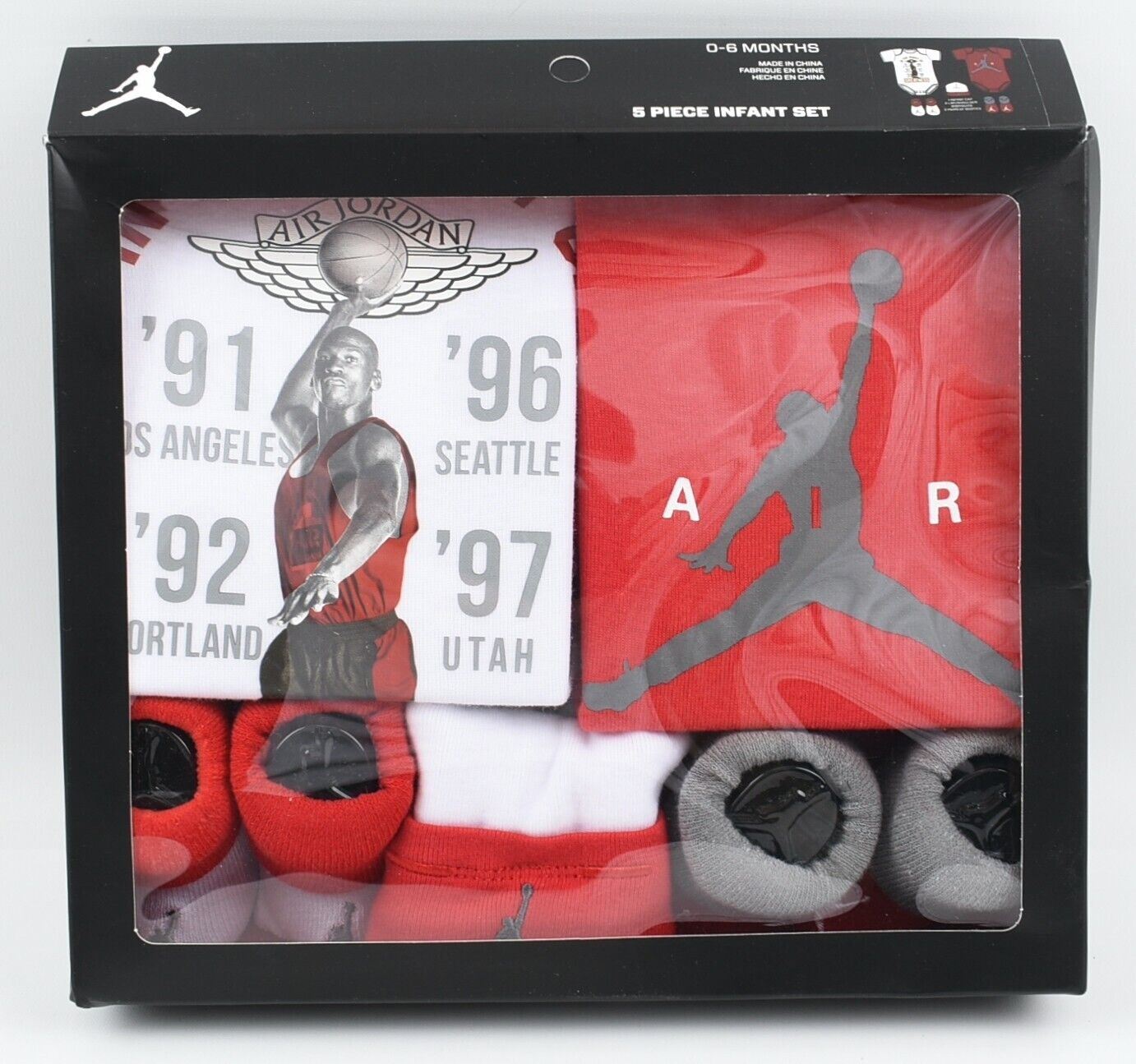 NIKE JORDAN Baby 5-pc Outfit Set, Bodysuits+Booties+Hat, Red/White, size 0-6 m.