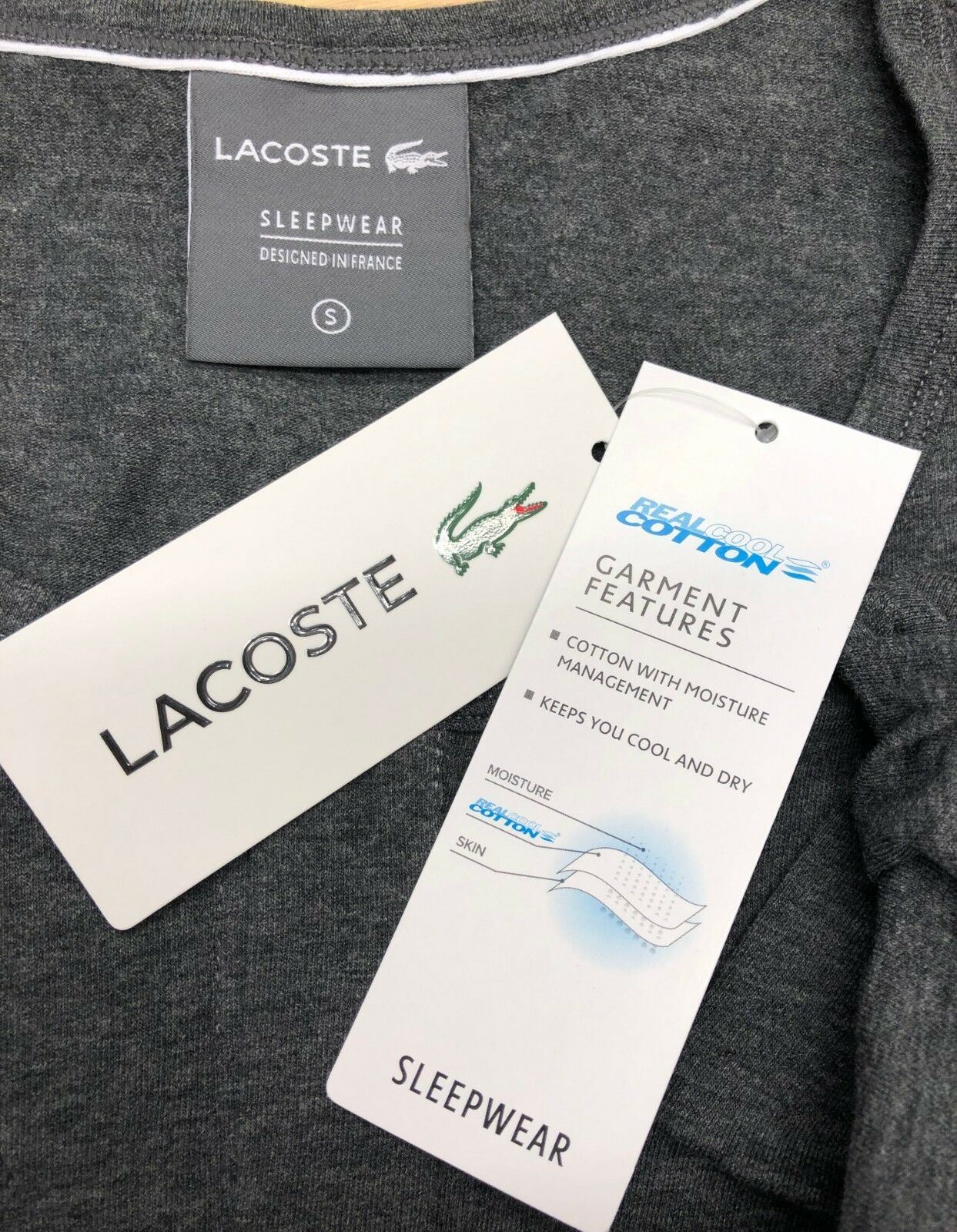 LACOSTE Men's Grey HENLEY Sleeping T-Shirt, Loungewear Top, size SMALL