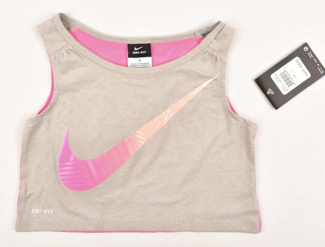 NIKE Girls' Kids' Activewear Cropped Top, Grey/Pink, size 6 years