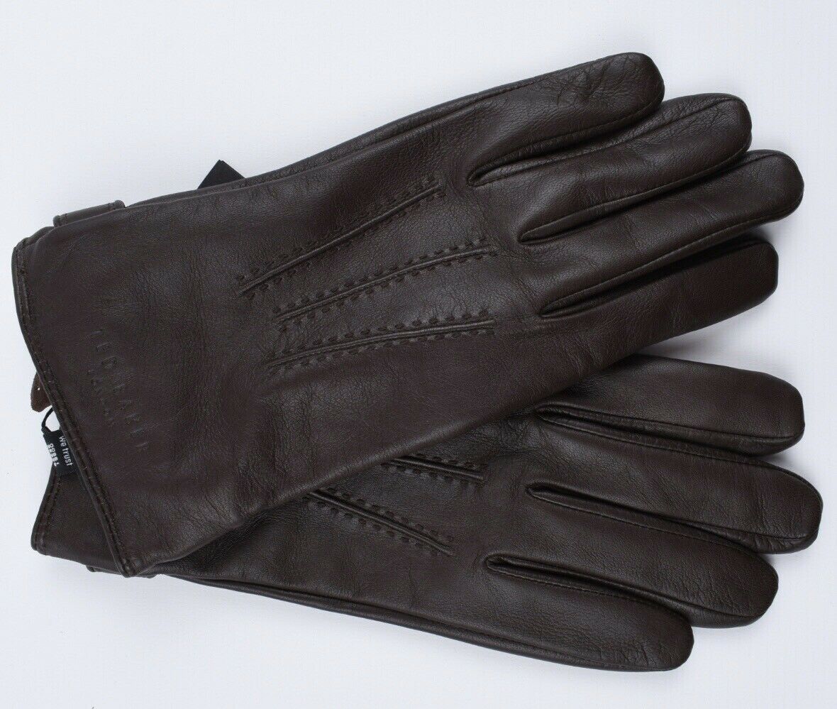 TED BAKER Mens Core Stitch Chocolate Brown Leather Gloves, size Medium label M/L