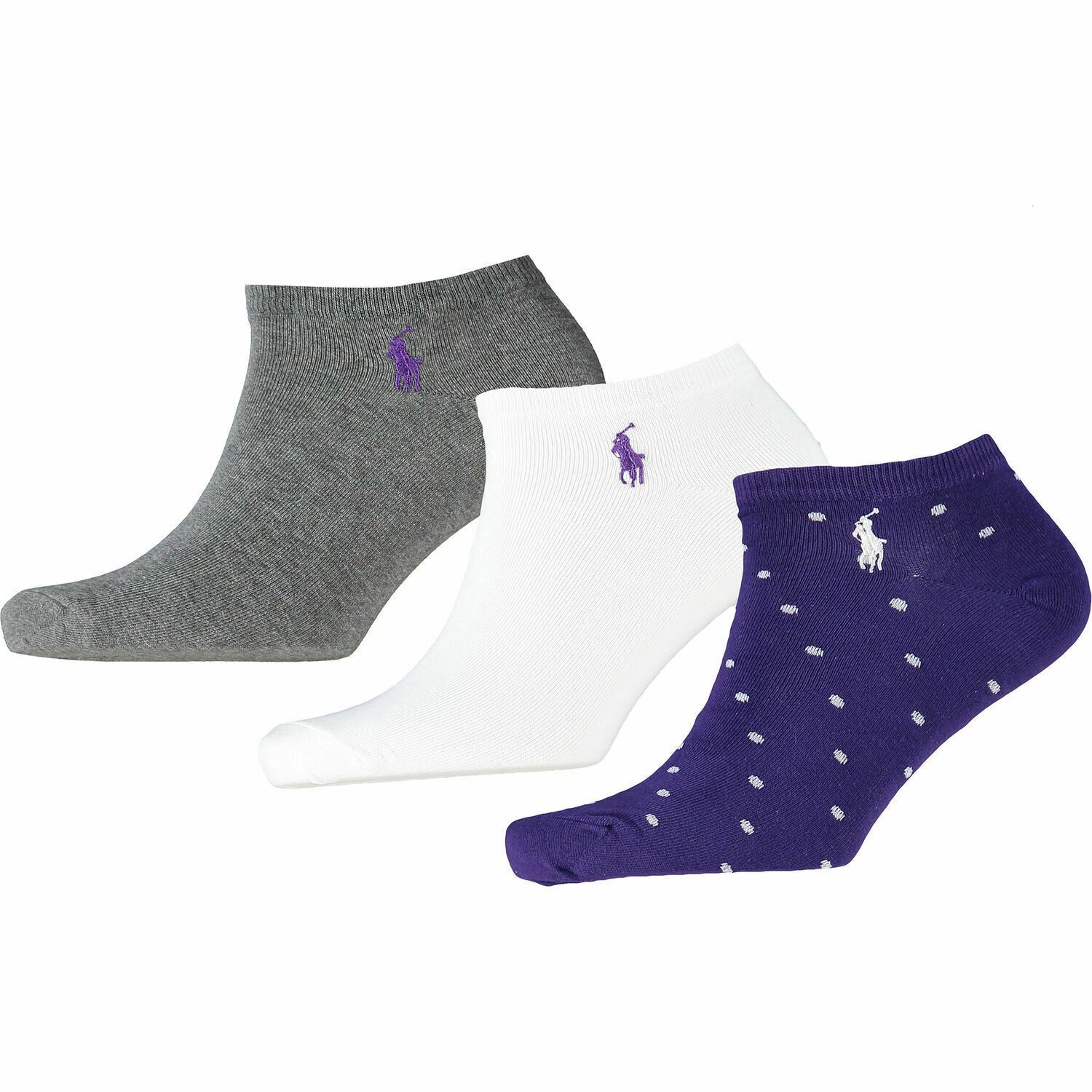 POLO RALPH LAUREN Women's 3-pk Sport Trainer Socks, Grey/Purple/White, size 4-7