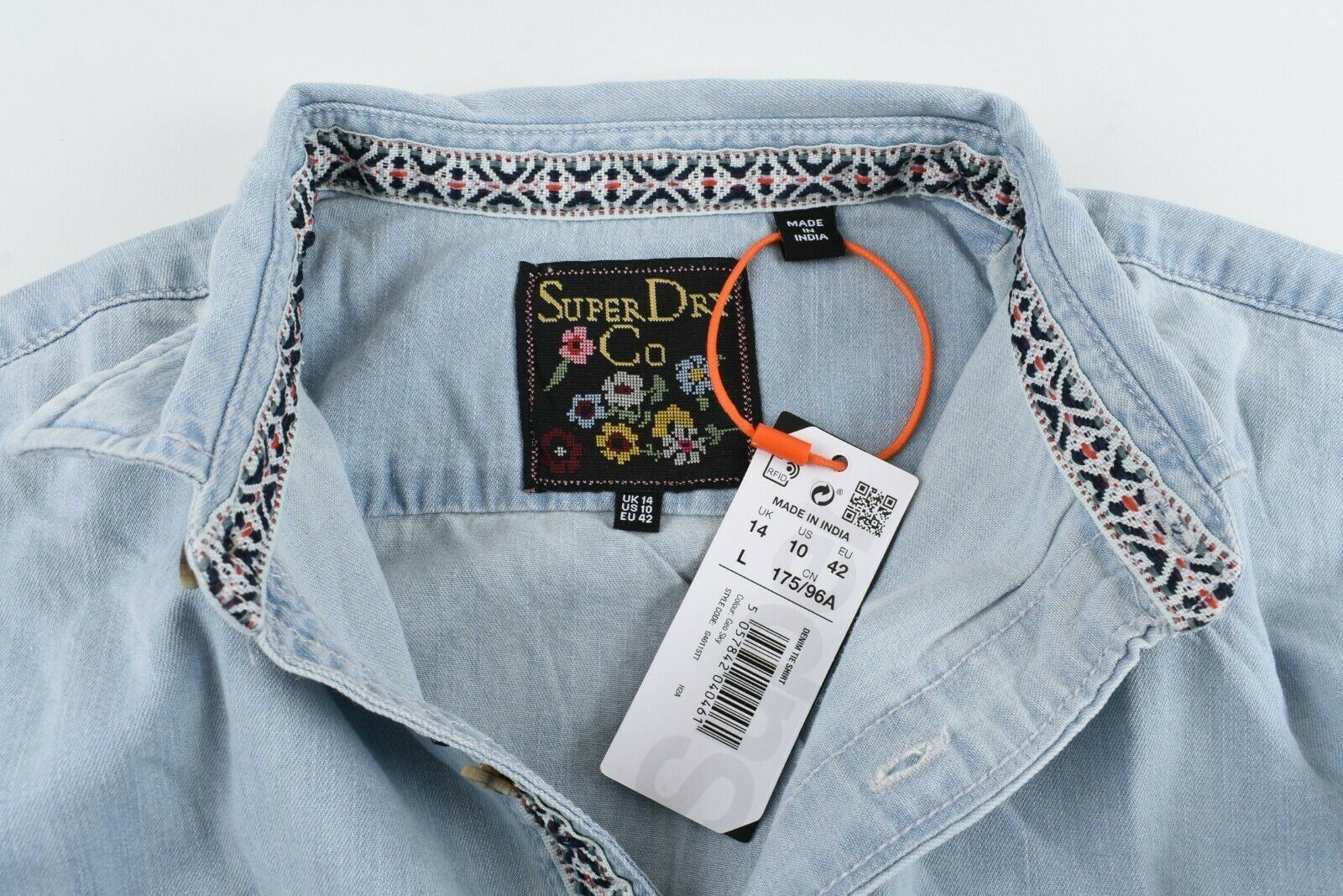 SUPERDRY Women'e DENIM TIE Shirt Top, Geo Sky Blue, size L/UK 14