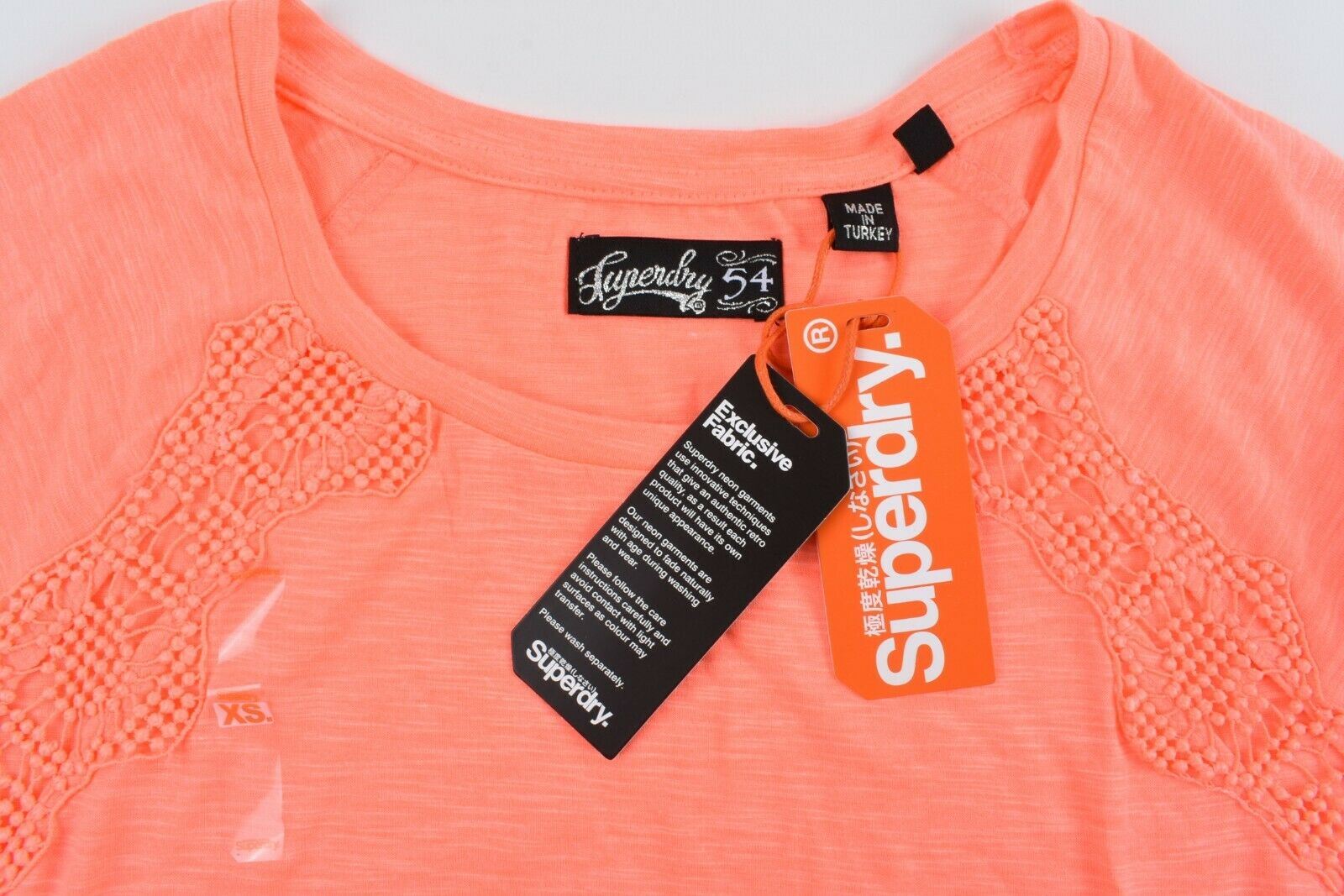 SUPERDRY Women's ELIZABETH Lace Tee Top, Fluro Coral, size XS / UK 8
