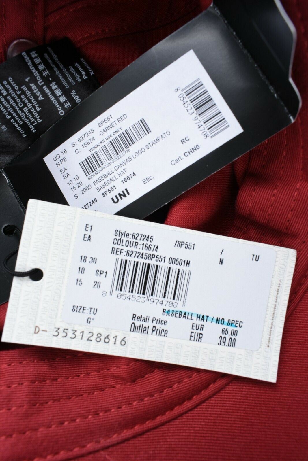 EMPORIO ARMANI Red Canvas Baseball Logo Hat, Cap, Men's /Women's