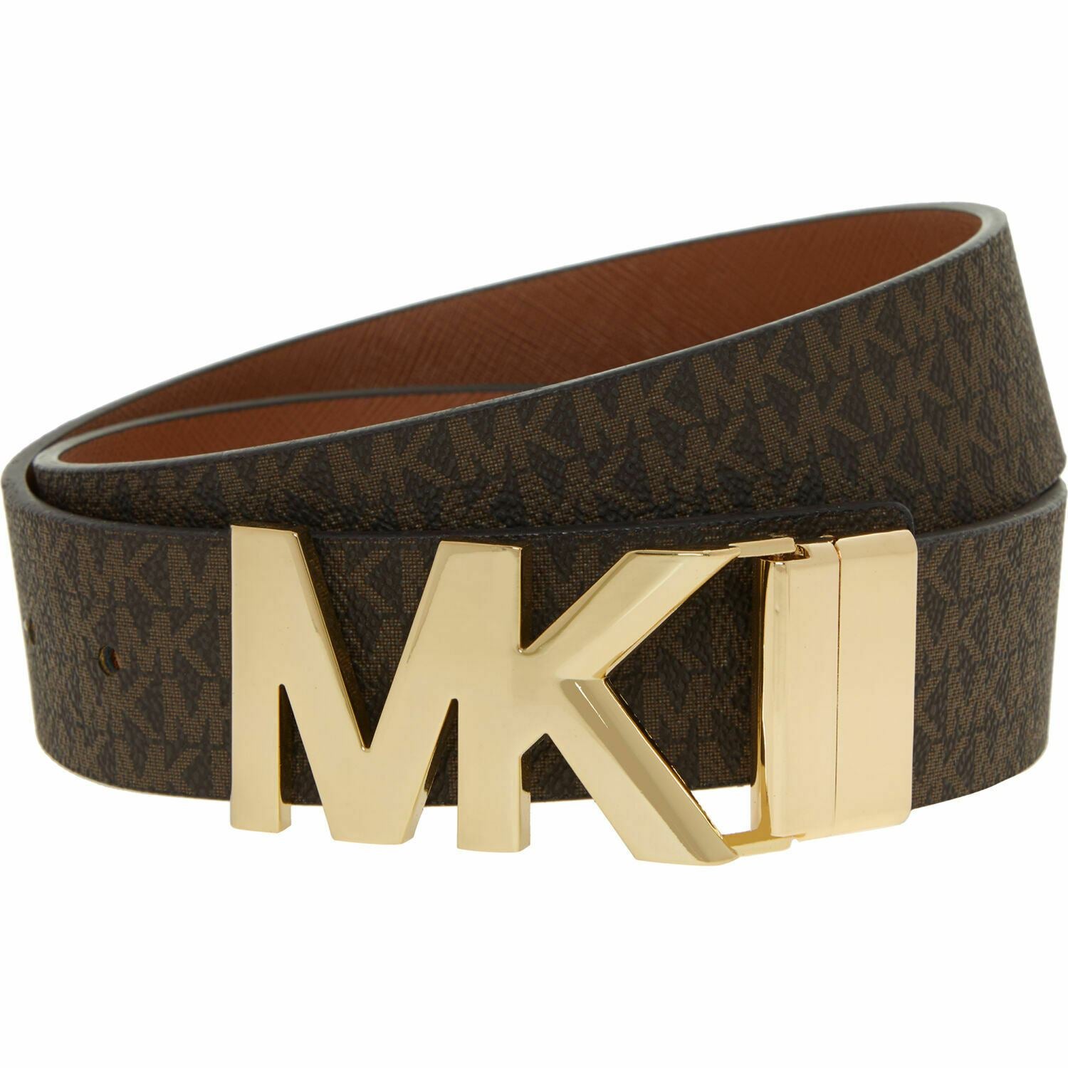 MICHAEL KORS Women's REVERSIBLE Monogram Belt, Chocolate/Tan, size SMALL