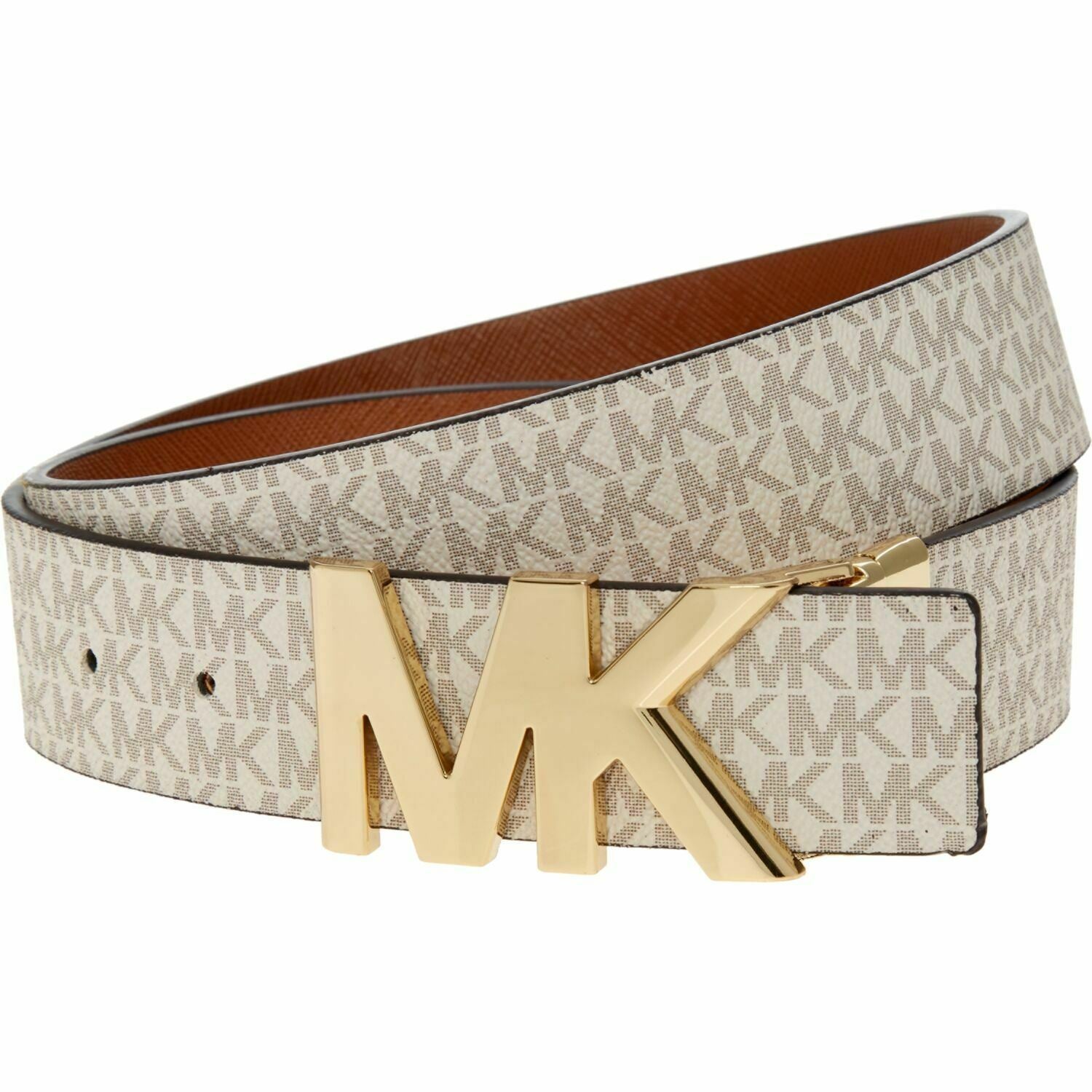 MICHAEL KORS Women's REVERSIBLE Monogram Belt, Vanilla/Tan, size MEDIUM