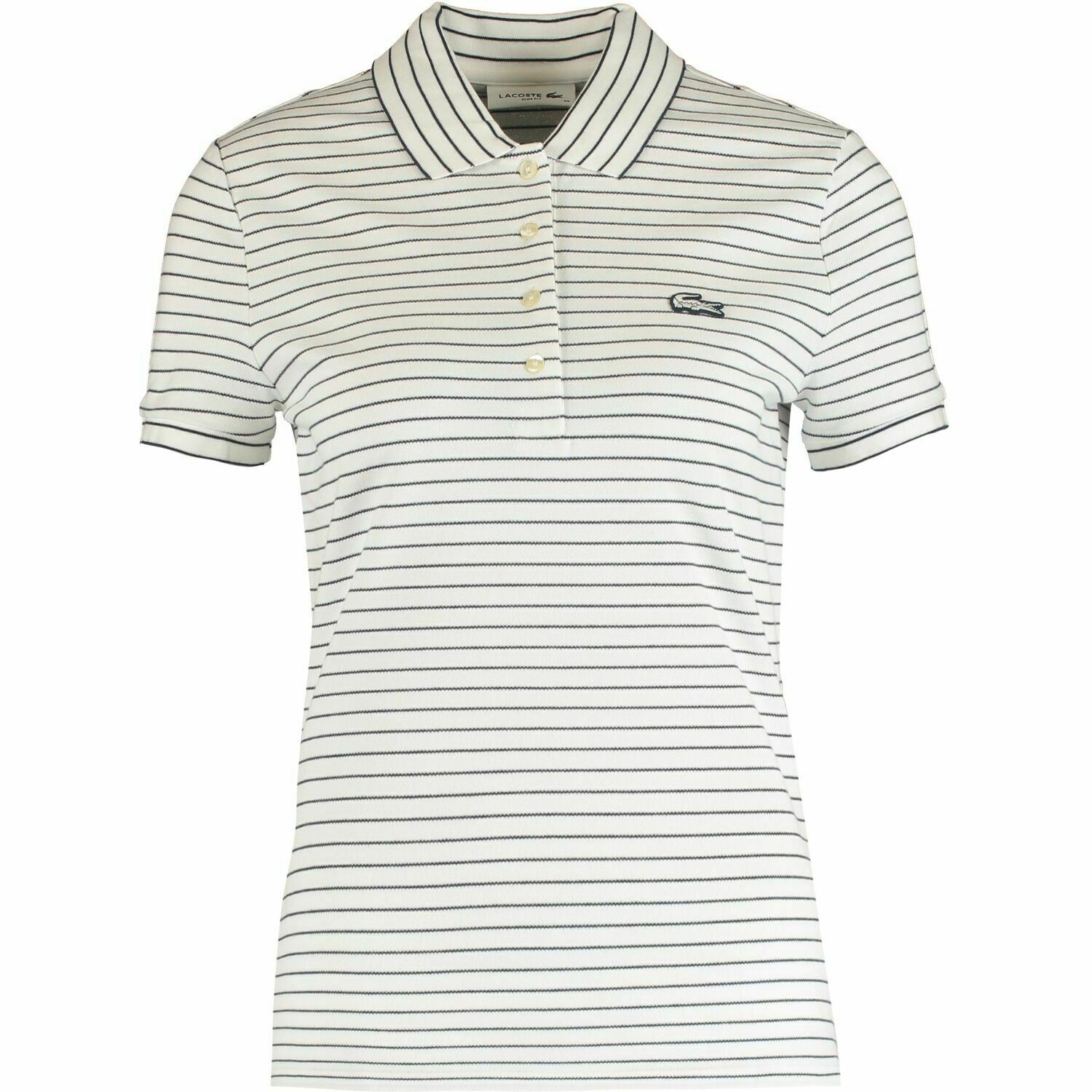 LACOSTE Womenâs Polo Shirt, SLIM FIT, Off-white/Navy Blue Striped, size UK 16