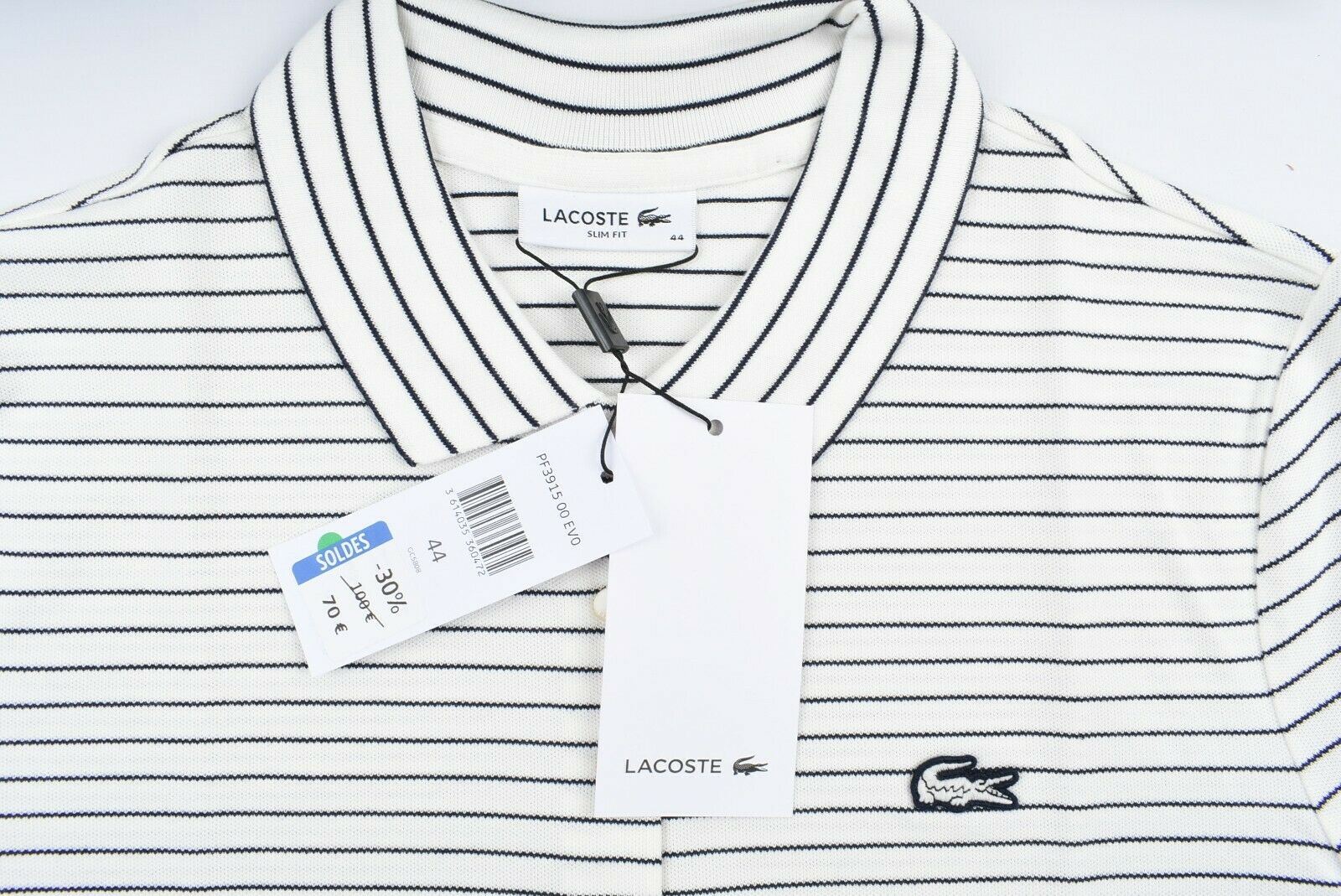 LACOSTE Womenâs Polo Shirt, SLIM FIT, Off-white/Navy Blue Striped, size UK 16
