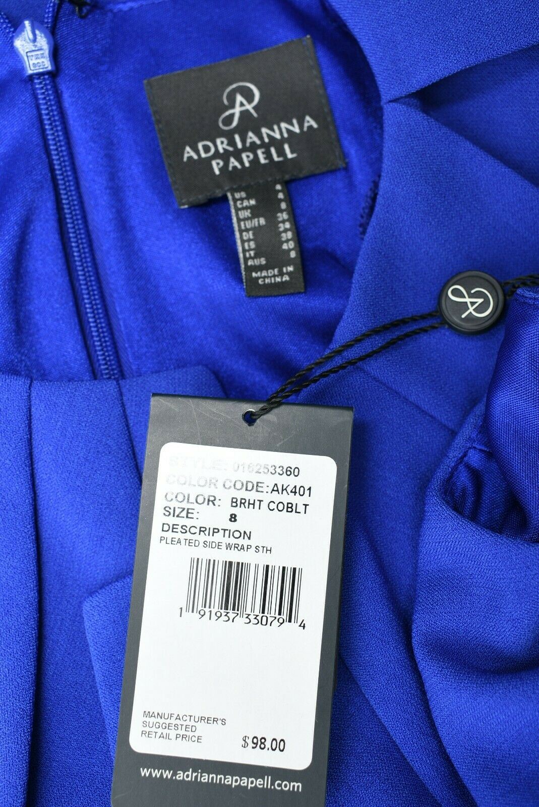 ADRIANNA PAPELL Women's Pleated Side Wrap Dress, Cobalt Blue, size UK 8