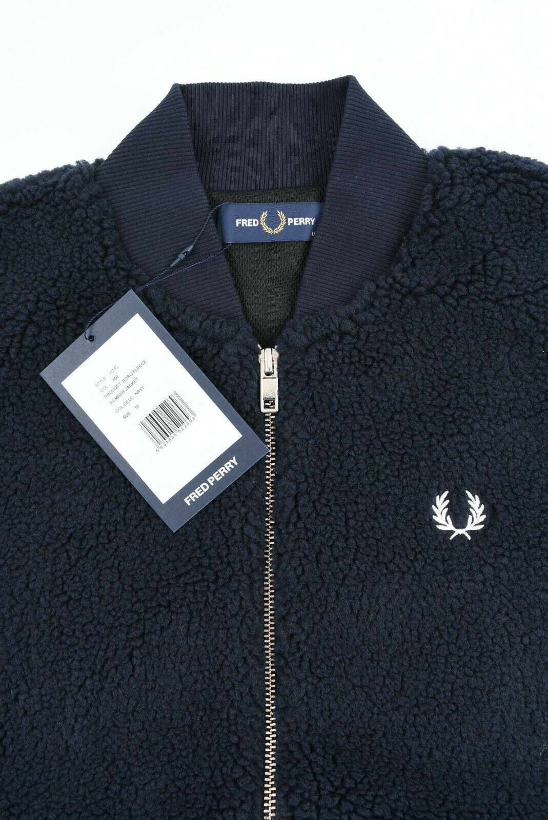 FRED PERRY Women’s BORG Fleece Signature Bomber Jacket, Navy Blue, size UK 10