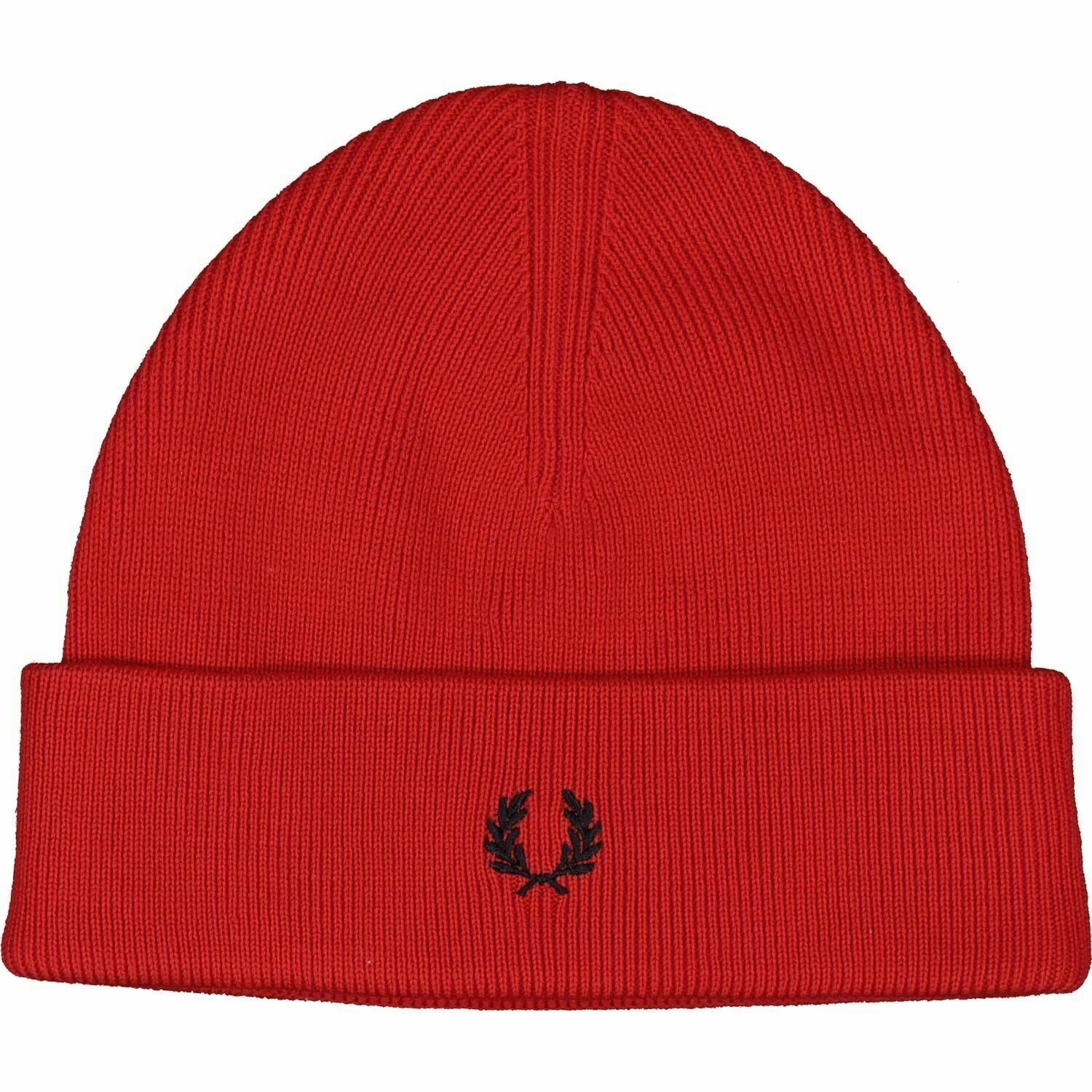 FRED PERRY Menâs Rib Knit 100% Merino Wool Logo Beanie Hat, Crimson Red