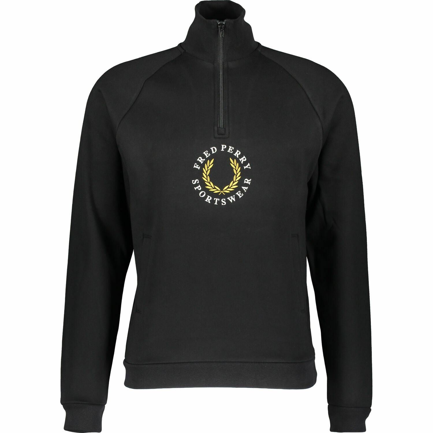 FRED PERRY Menâs Half Zip Logo Sweatshirt, Black, size SMALL