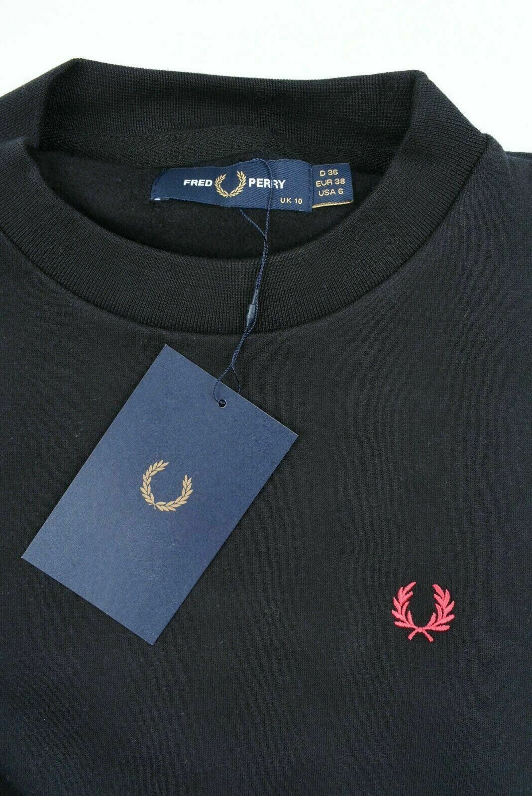 FRED PERRY Women's Black Sweatshirt, Pink Side Tape, size UK 10
