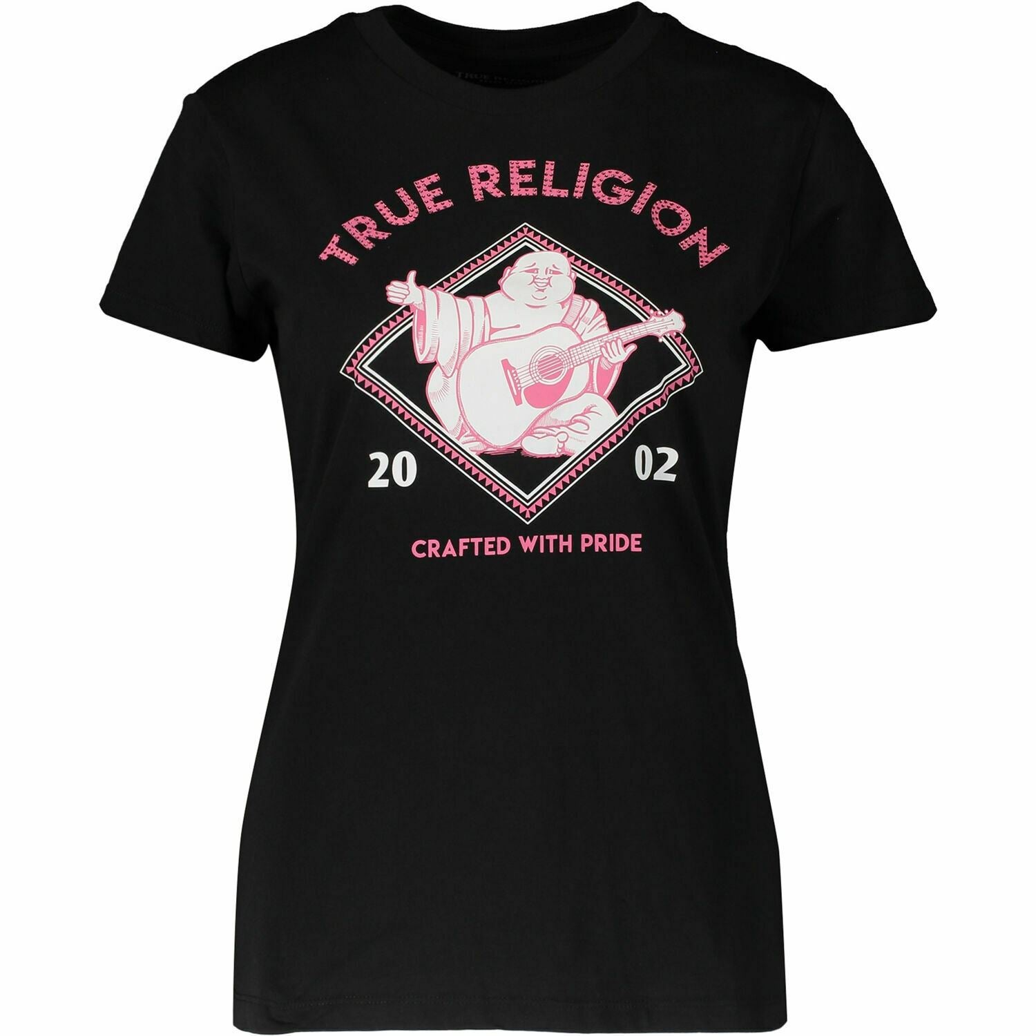 TRUE RELIGION Women's Short Sleeve Black & Pink Buddha Print T-Shirt Top size XL