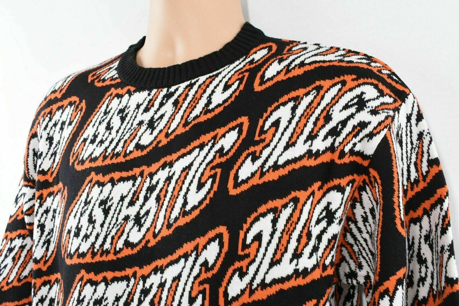 DIESEL Men's All Over Logo Crew Neck Jumper, Black/Orange/White, size S